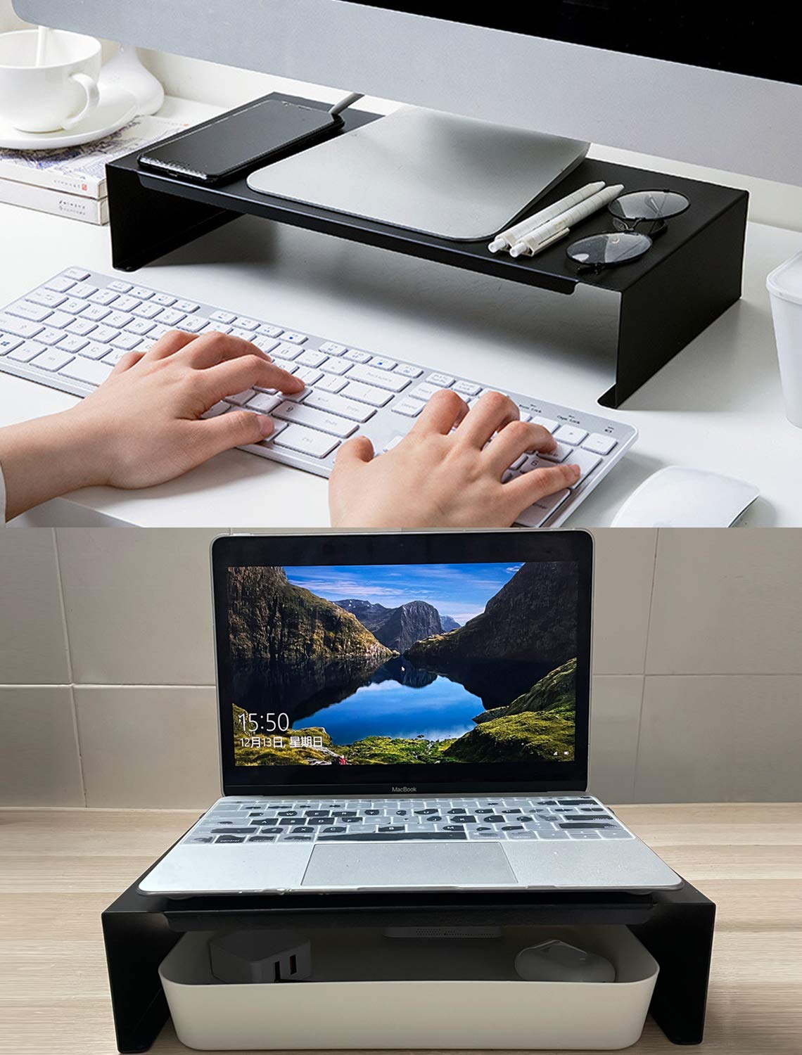 N.N 12 Inch Monitor Stand Riser and Plastic Storage Box,Metal Monitor Desk Stand with Ventilation