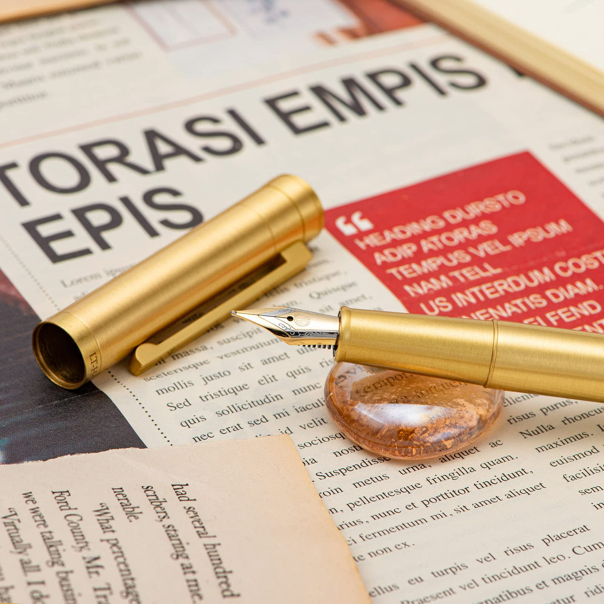 Hongdian Pure Brass Fountain Pen Bent Nib Fude Pen for Calligraphy Writing (Fine to Broad) with