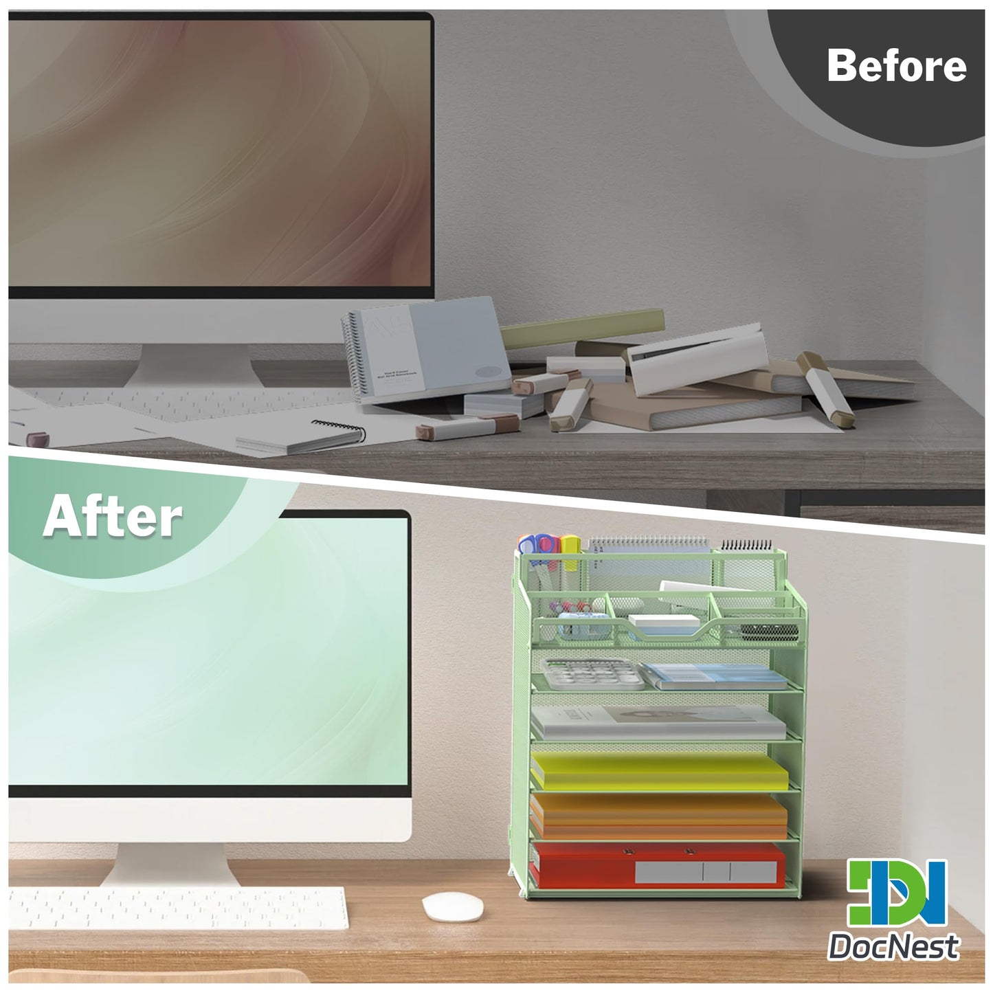 Docnest 6 Tier Mesh Desk Organizer with Letter Tray & Paper Sorter, Green