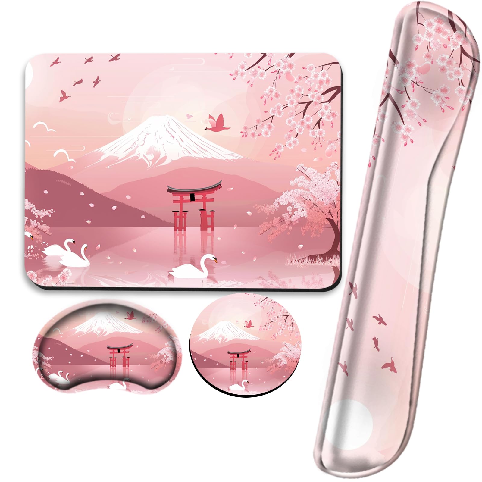 Cherry Blossom Keyboard and Mouse Pad Set Japanese Mousepad with Wrist Support Ergonomic Keyboard