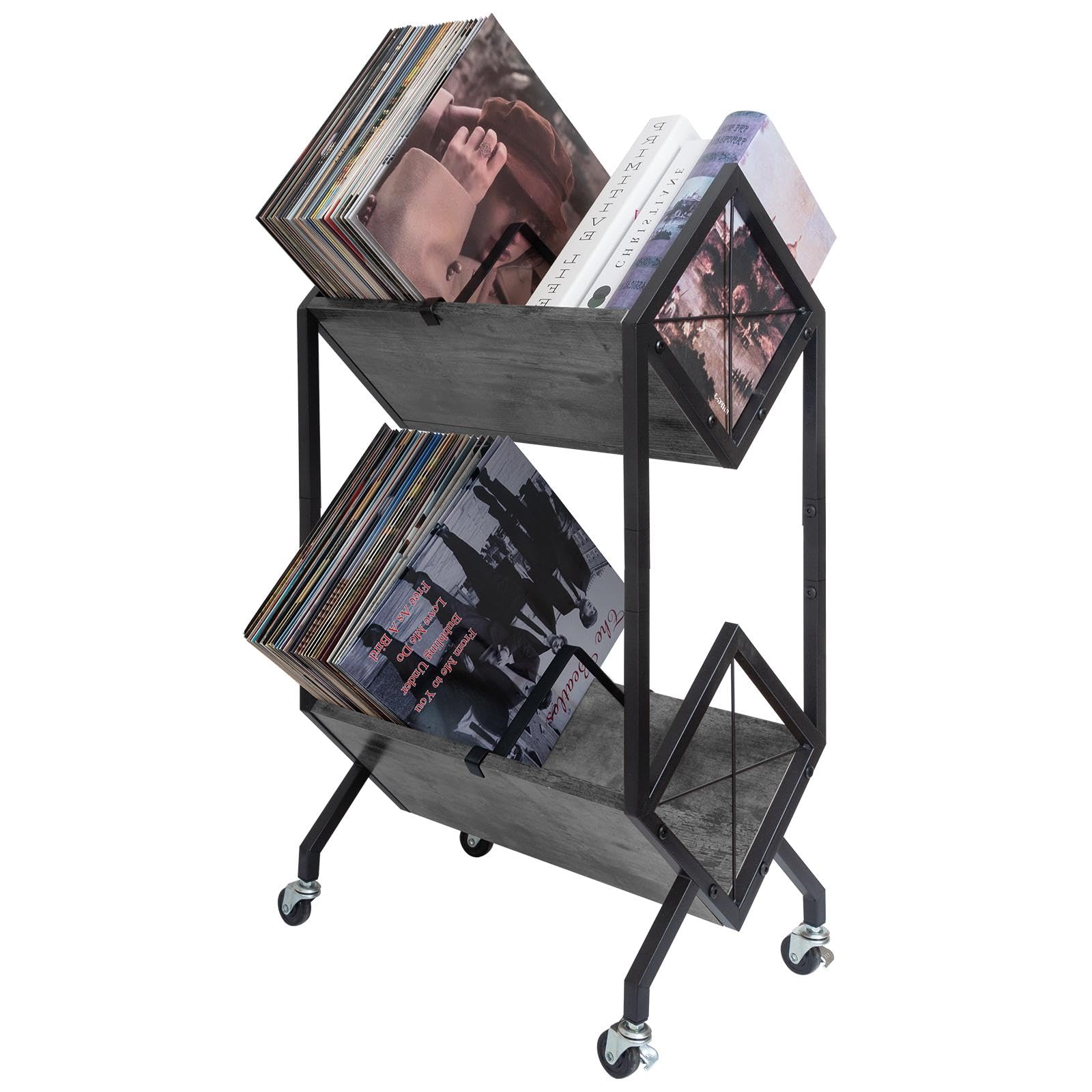 SwaaVee Vinyl Record Storage Holder with Wheels, 2-Tier Record Holder 160-200 LP with Dividers