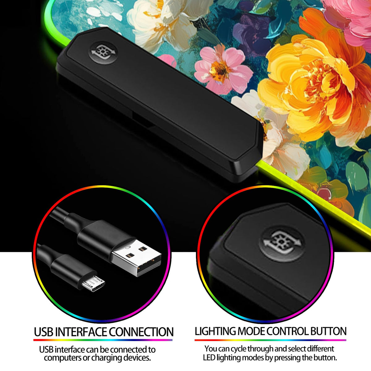 JIANG100 RGB Colorful Flower Peony Gaming Desk Mat & Floral Mouse Pad, XL