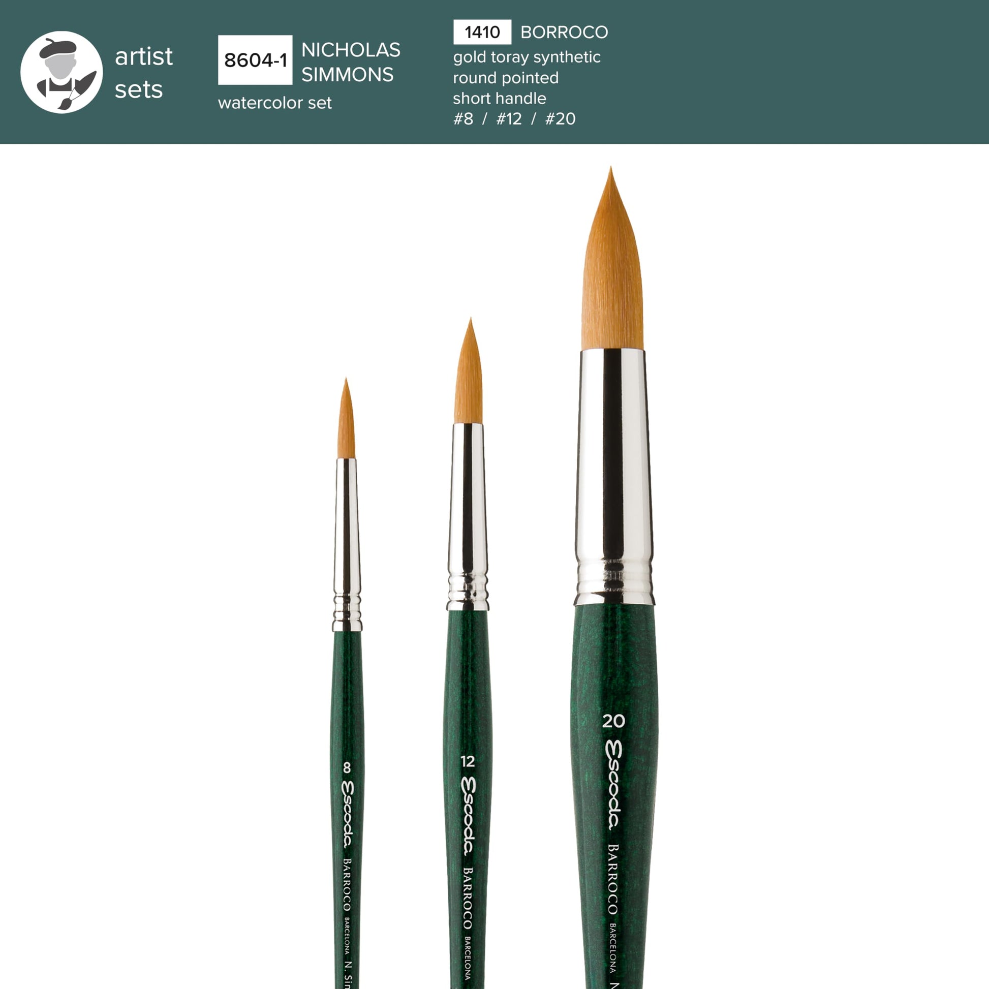 Escoda Signature Series Artist Watercolor Brush Set, Nicholas Simmons Set #1, Barroco Synthetic