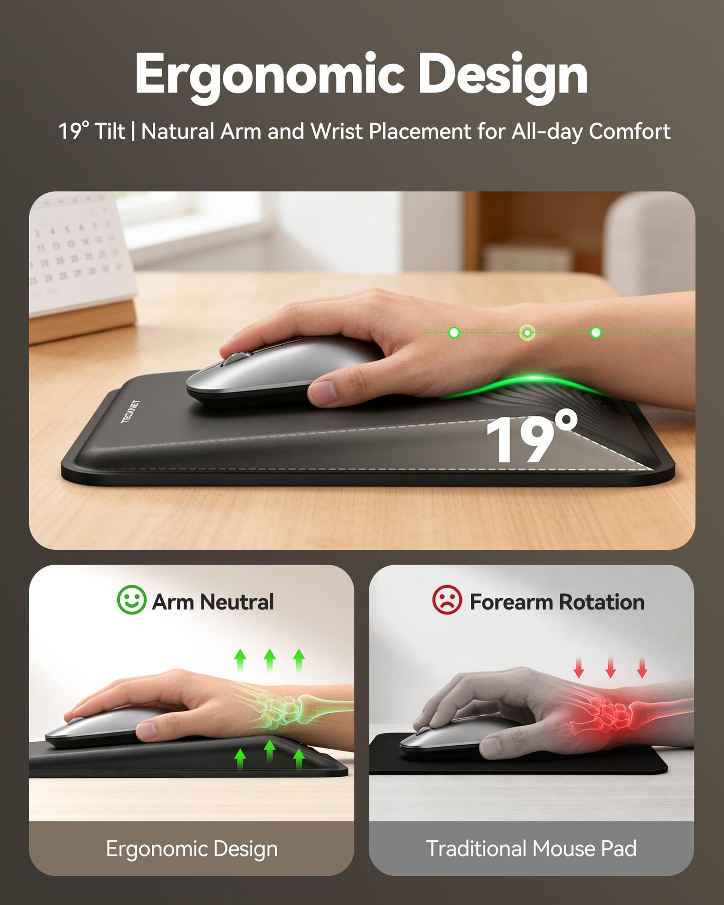 TECKNET Ergonomic Mouse Pad with Wrist Rest, All-Day Comfort & Pain Reliefv