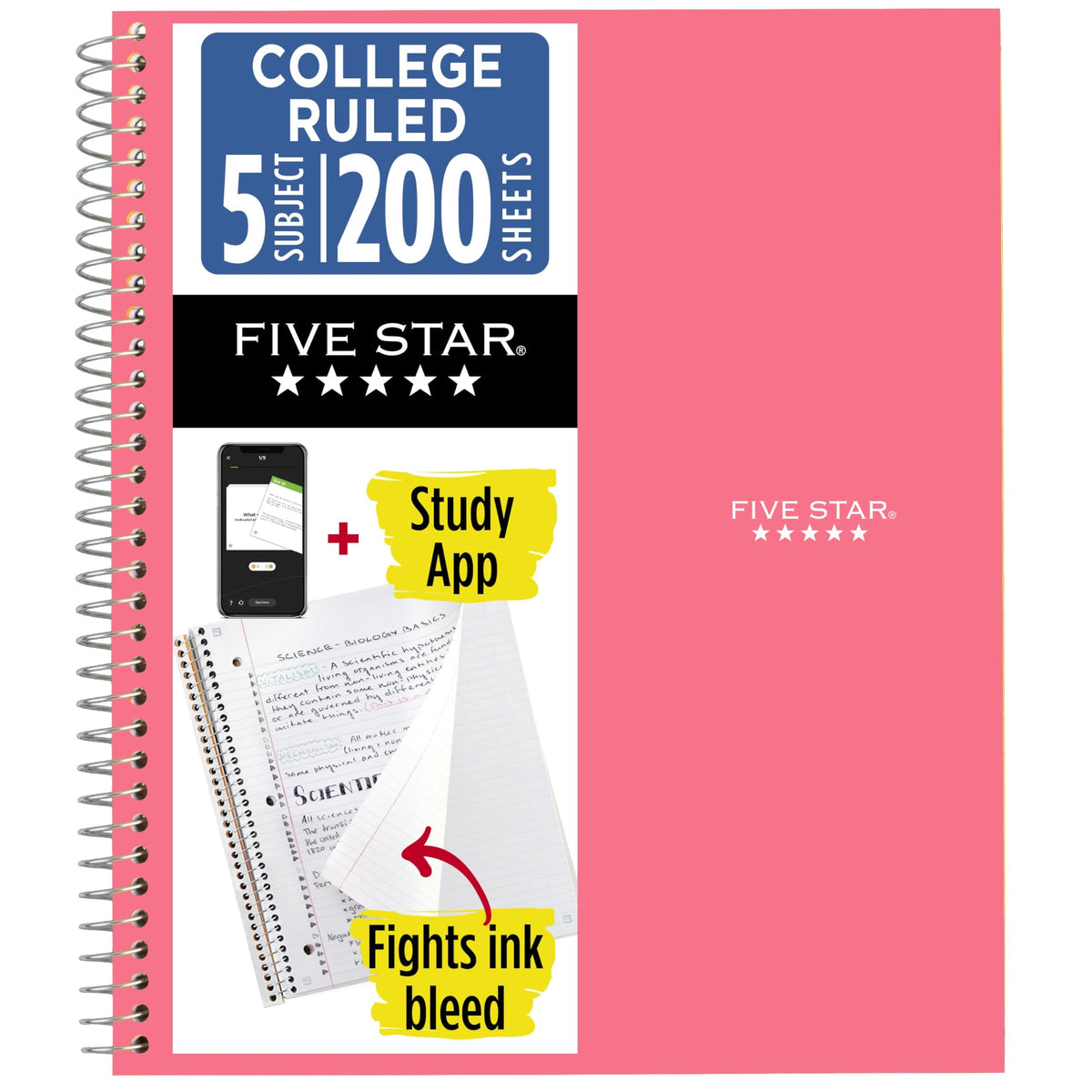 Five Star Spiral Notebook + Study App, 5 Subject, College Ruled Paper, 8-1/2" x 11", 200 Sheets