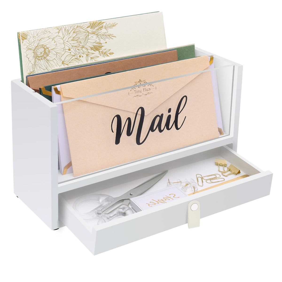 Two-Layer Solid Wooden Mail Storage Organizer Holder with Clear Acrylic Top and Bottom Drawer