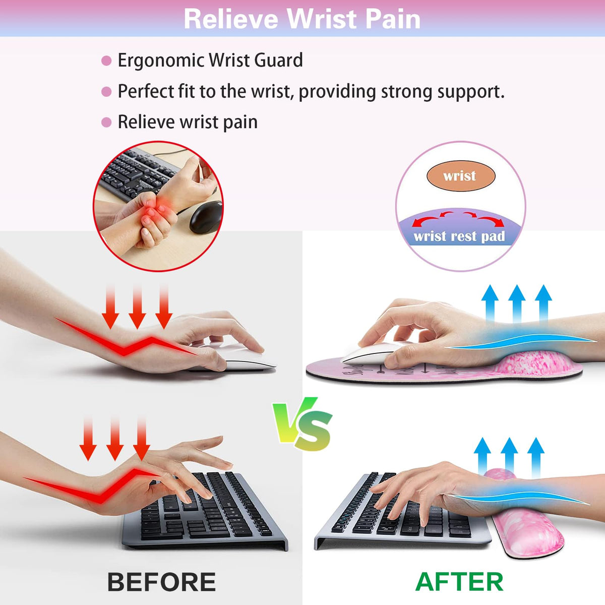 QOMOLAMA Mouse Pad with Wrist Rest Set Pink, 3-in-1 Wrist Support Mousepad Set,Gaming Mat Pad with