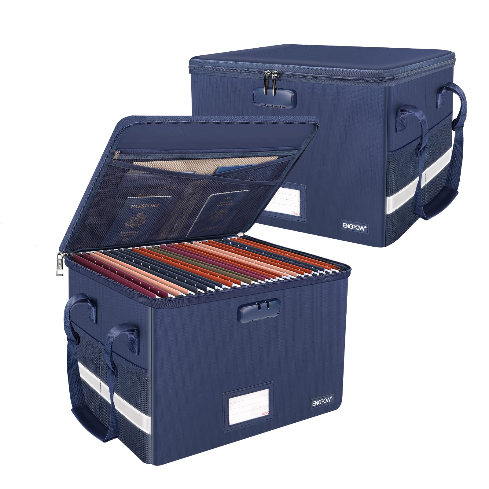 ENGPOW File Box with Lock, Fireproof Document Box with Pockets, Collapsible File Organizer Filing