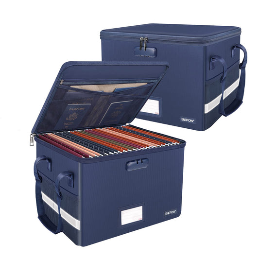 ENGPOW File Box with Lock, Fireproof Document Box with Pockets, Collapsible File Organizer Filing