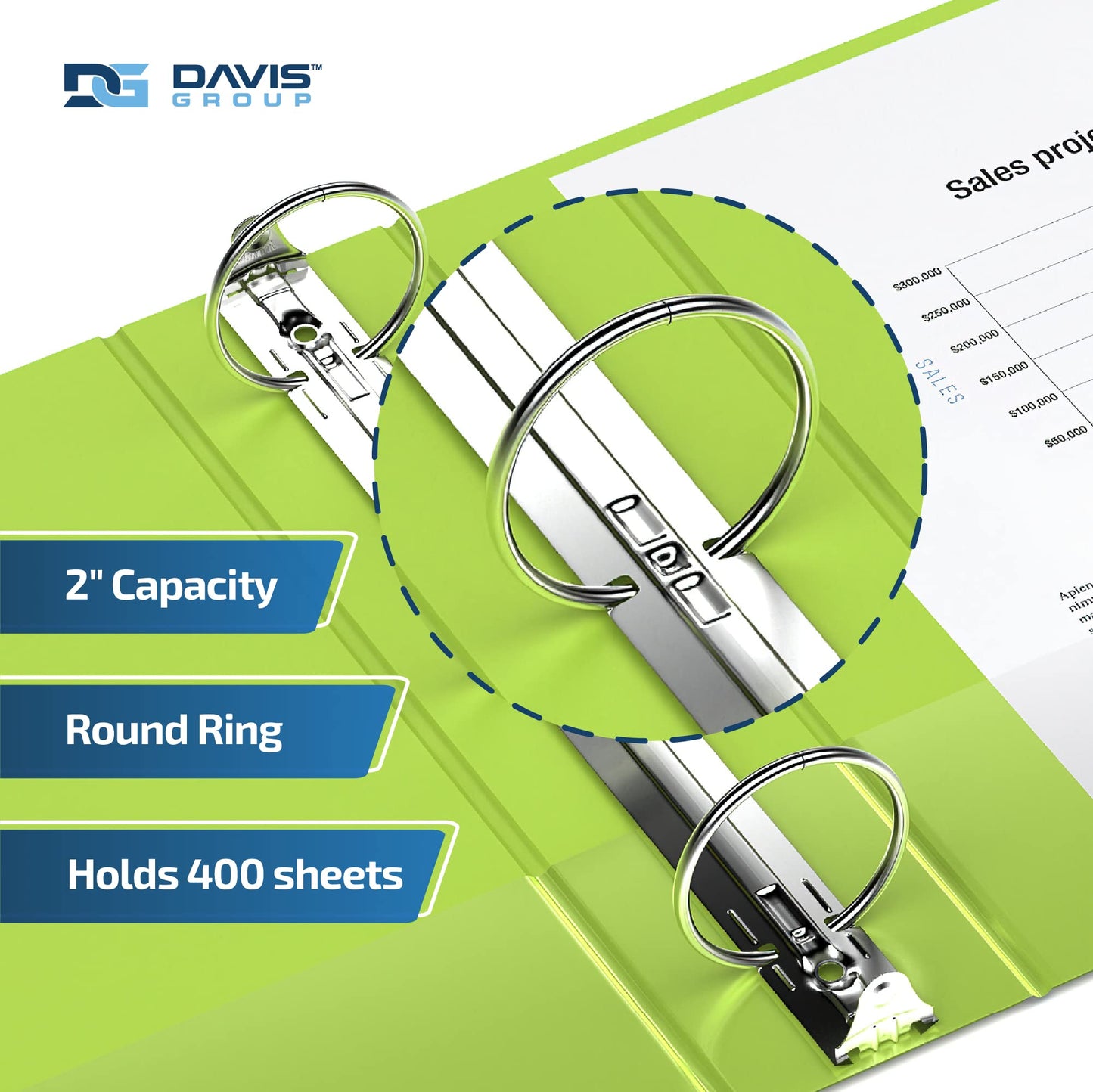 Premium Economy 3-Ring Binder, Spine Label, 2" Round Rings, Lime Green, 6Pk