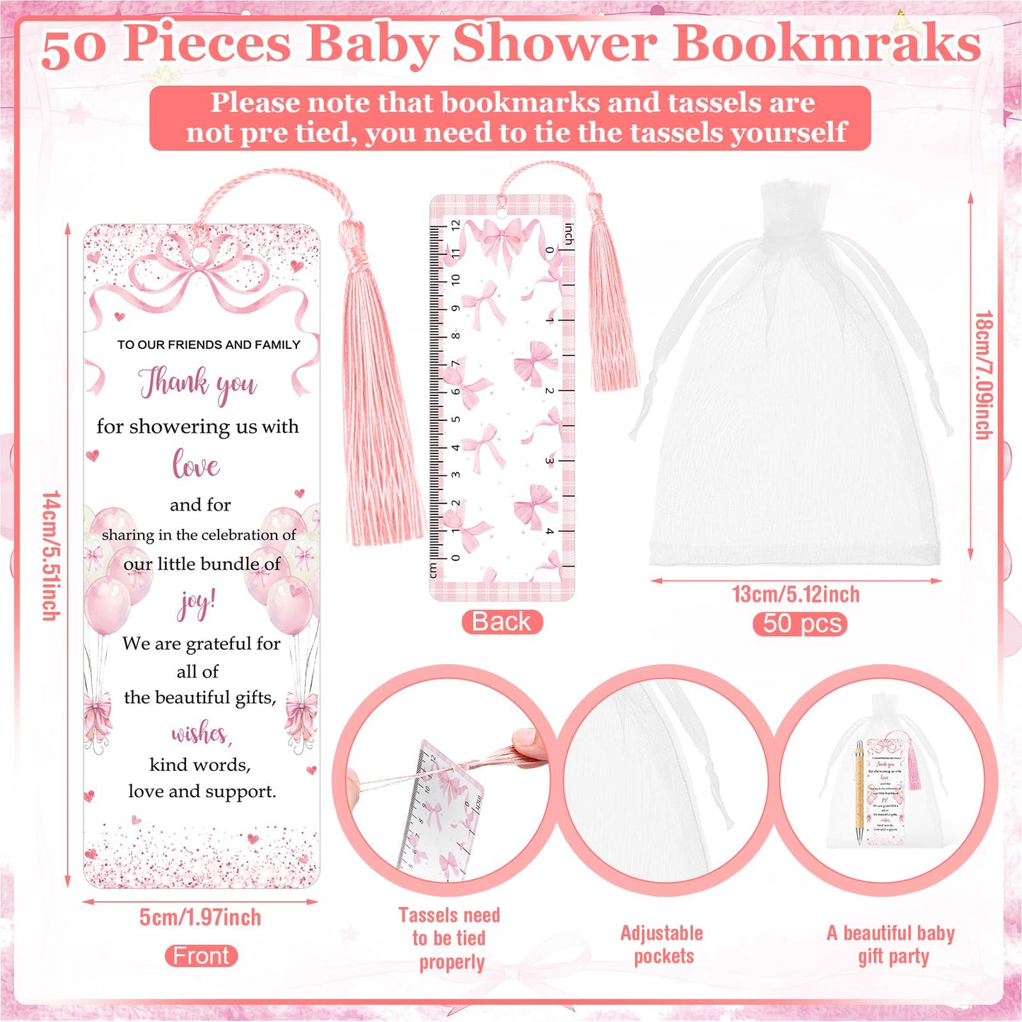 Gilprop 50 Sets Pink Bow Baby Shower Favors for Guests Includes 50 Baby Shower Ballpoint Pens 50