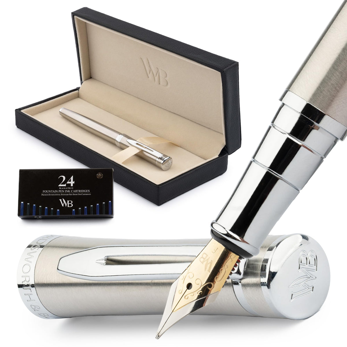 Wordsworth & Black Luxury Fountain Pen Set for Writing, Fine Nib, Silver