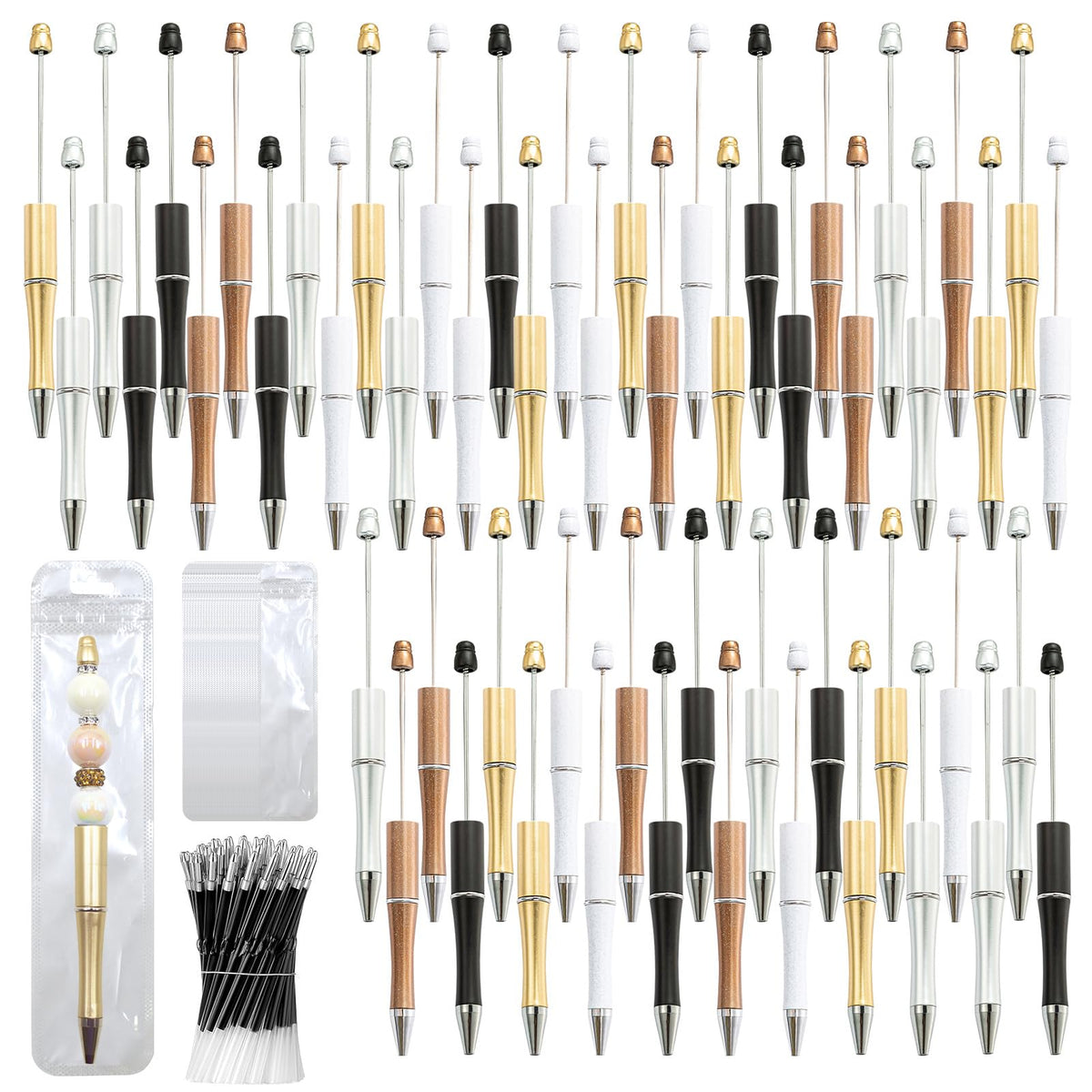 DASTTUIS 150 Pieces DIY Beadable Pens Kit - 50 plastic Beadable Pens Bulk, Refills & pen bags