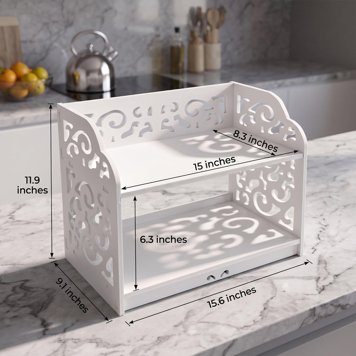 MyGift 2 Tier White Desktop Bookshelf Organizer with Scrollwork Design