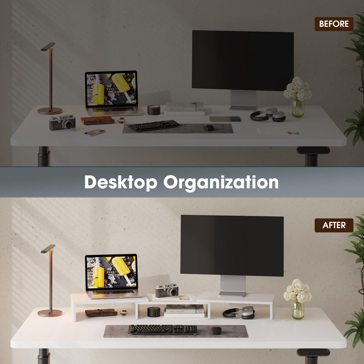 FITUEYES Dual Monitor Stand Riser, Adjustable Length and Angle, White