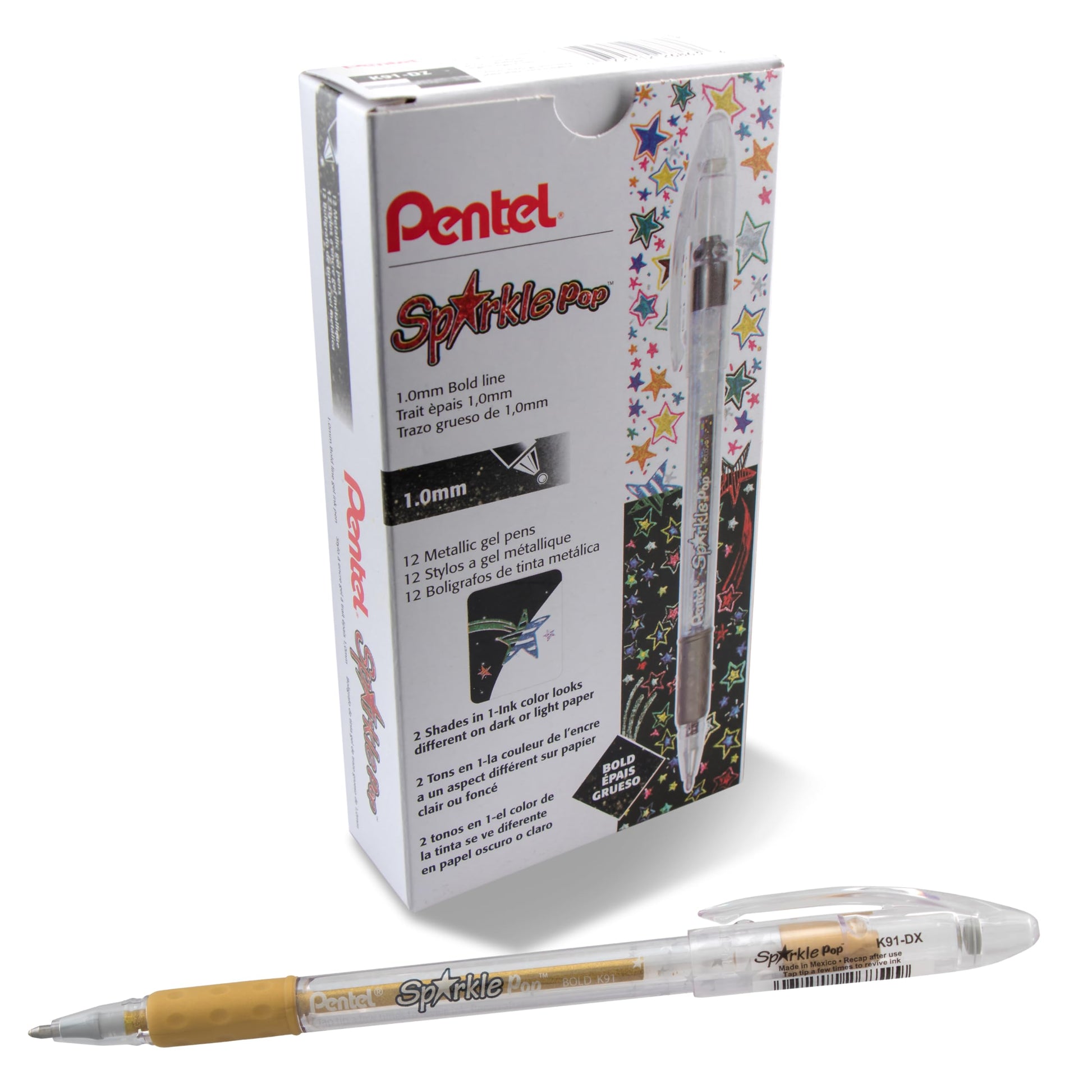 Pentel Sparkle Pop Metallic Gel Pen, (1.0mm) Bold Line, Gold, Box of 12 Pens (K91-DX)