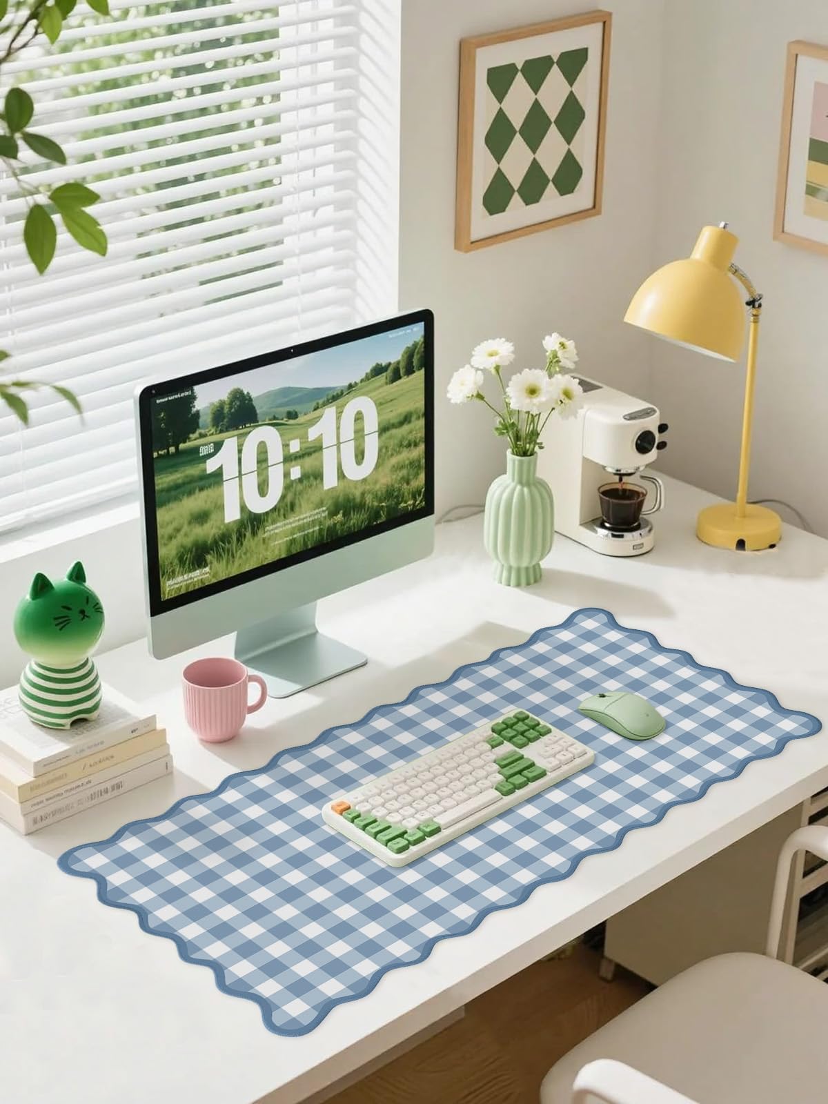 ohisxiacy Scalloped‌ Blue Checkered Gingham Desk Mat Cute Pastel XXL Large Gaming Mouse Pad Kawaii