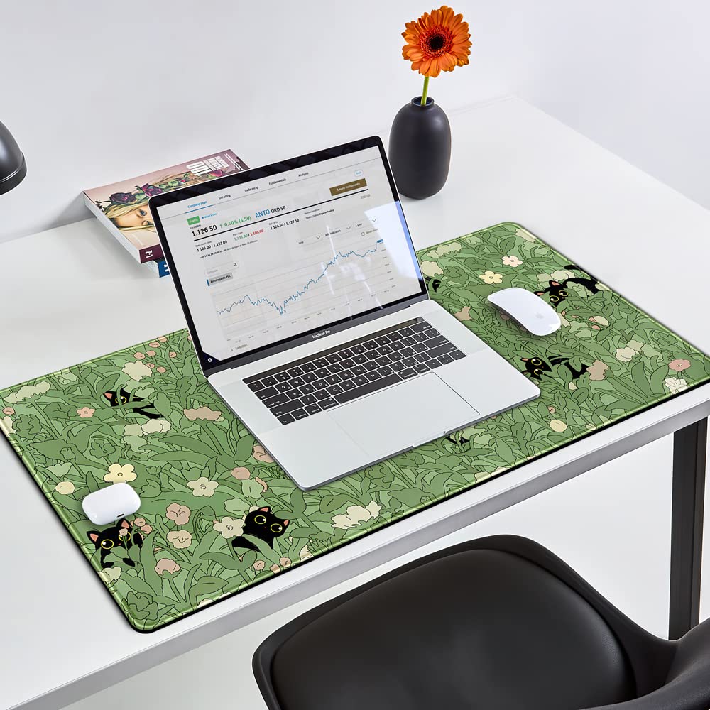 YKJWW Green Desk Mat Cat Cute Flower Plant Cool Desk Pad XXL Keyboard Mat