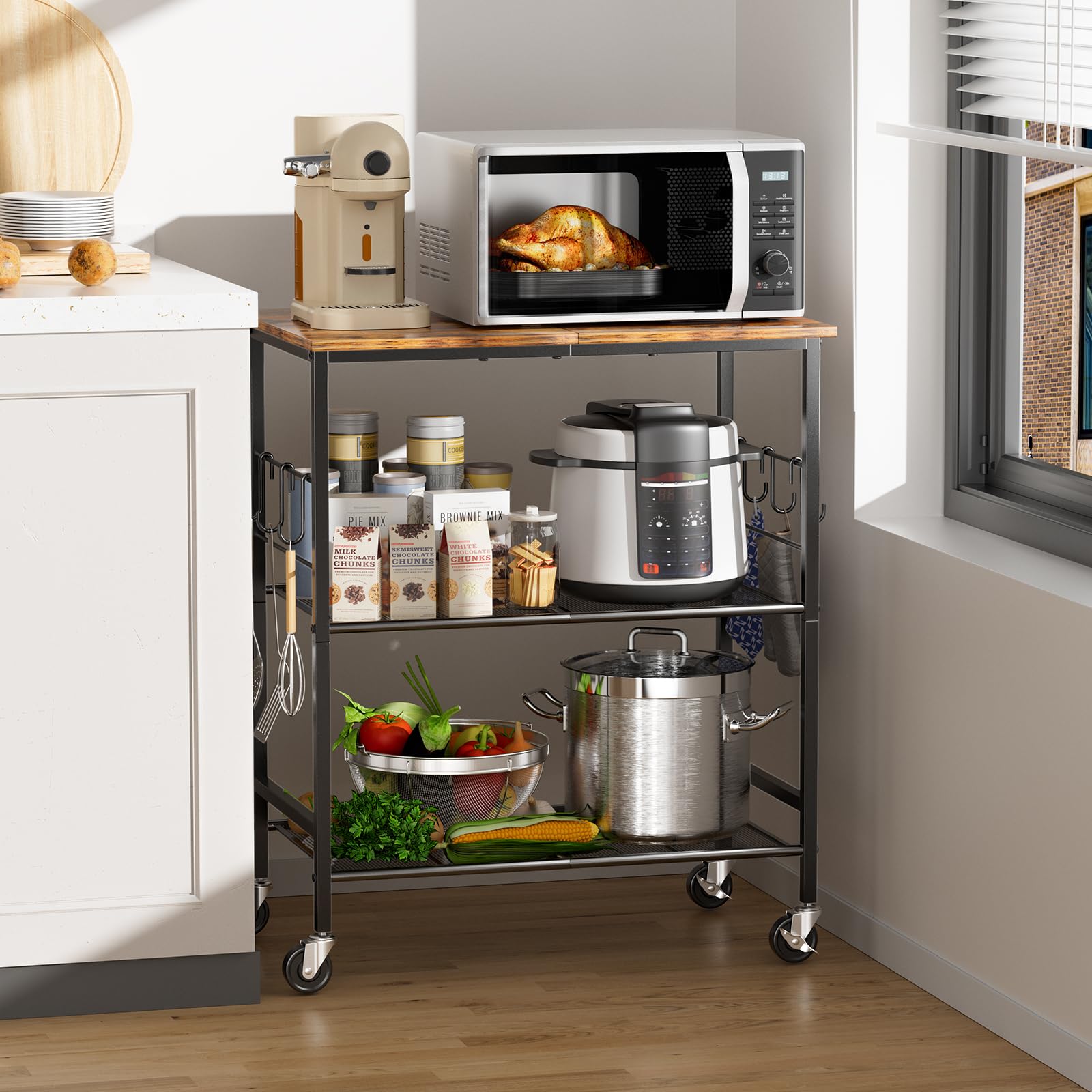 NTE Rolling Kitchen Microwave Cart, 3 Tier Microwave Stand with Storage, Small Kitchen Island on