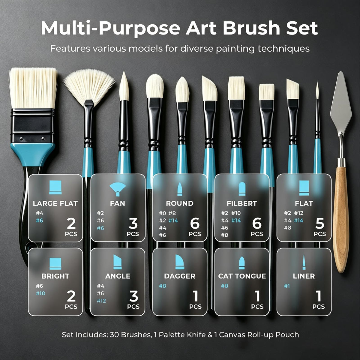 Nicpro 30pcs Paint Brush Set for Acrylic Painting, Oil, Watercolor, Gouache