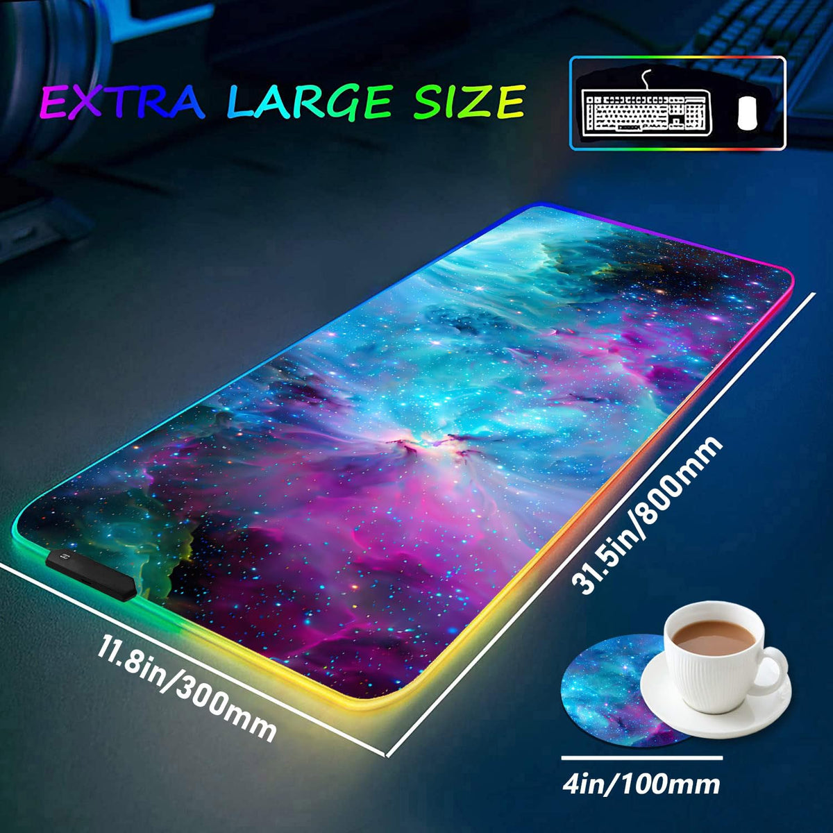 RGB Gaming Mouse Pad with Coffee Coaster, XXL Large Glowing LED Mousepad, Anti-Slip Rubber Base