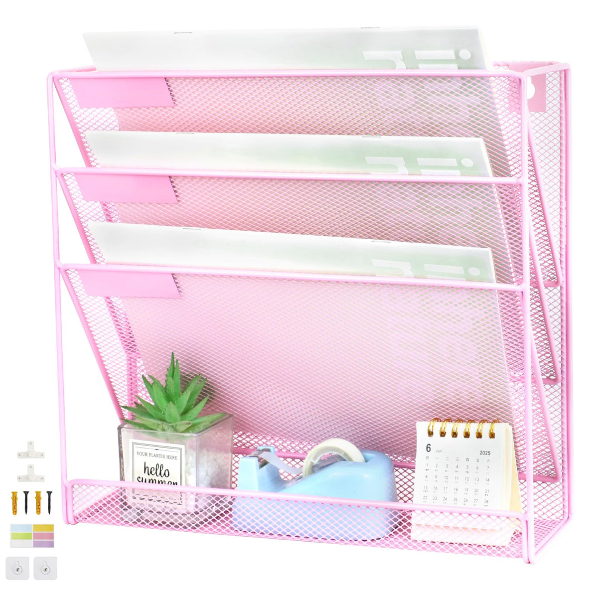 ideallife 3 Pockets Mesh Wall File Holder Organizer with Bottom Flat Tray, Office Hanging File