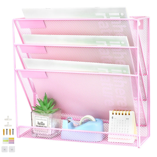 ideallife 3 Pockets Mesh Wall File Holder Organizer with Bottom Flat Tray, Office Hanging File