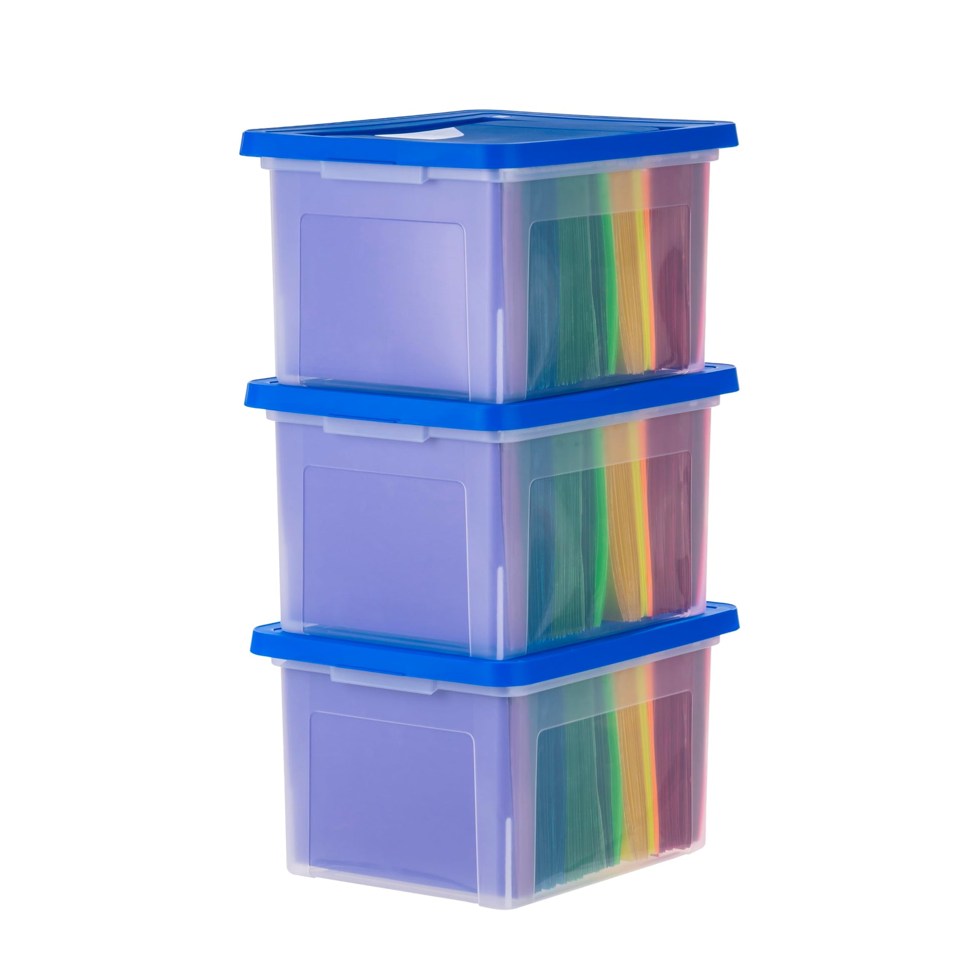 IRIS USA 3-Pack 35 Qt. Letter/Legal File Box with Lid, Clear/Blue
