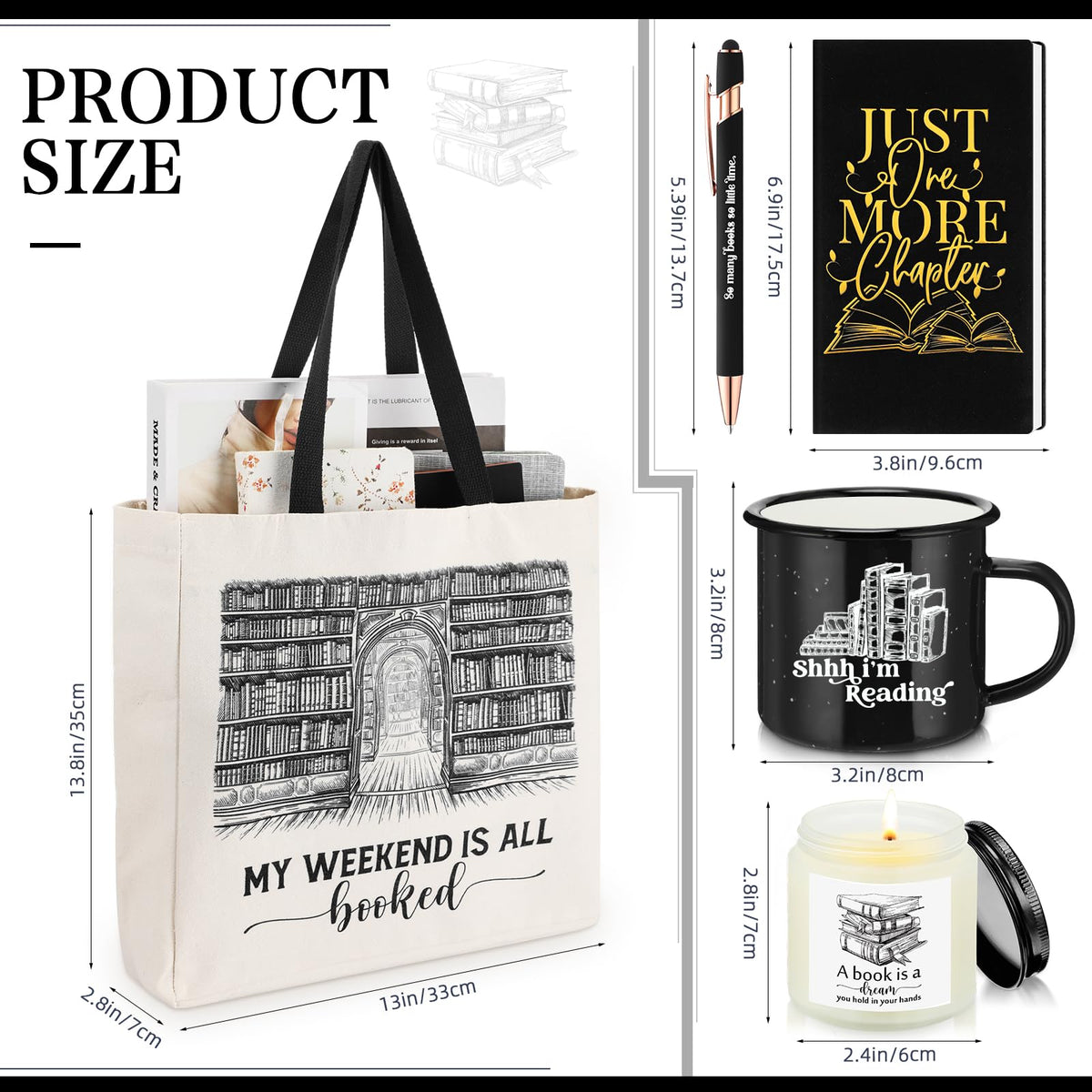 Jetec 5 Piece Book Lovers Set, Canvas Tote Bag Notebook, Candle, Black