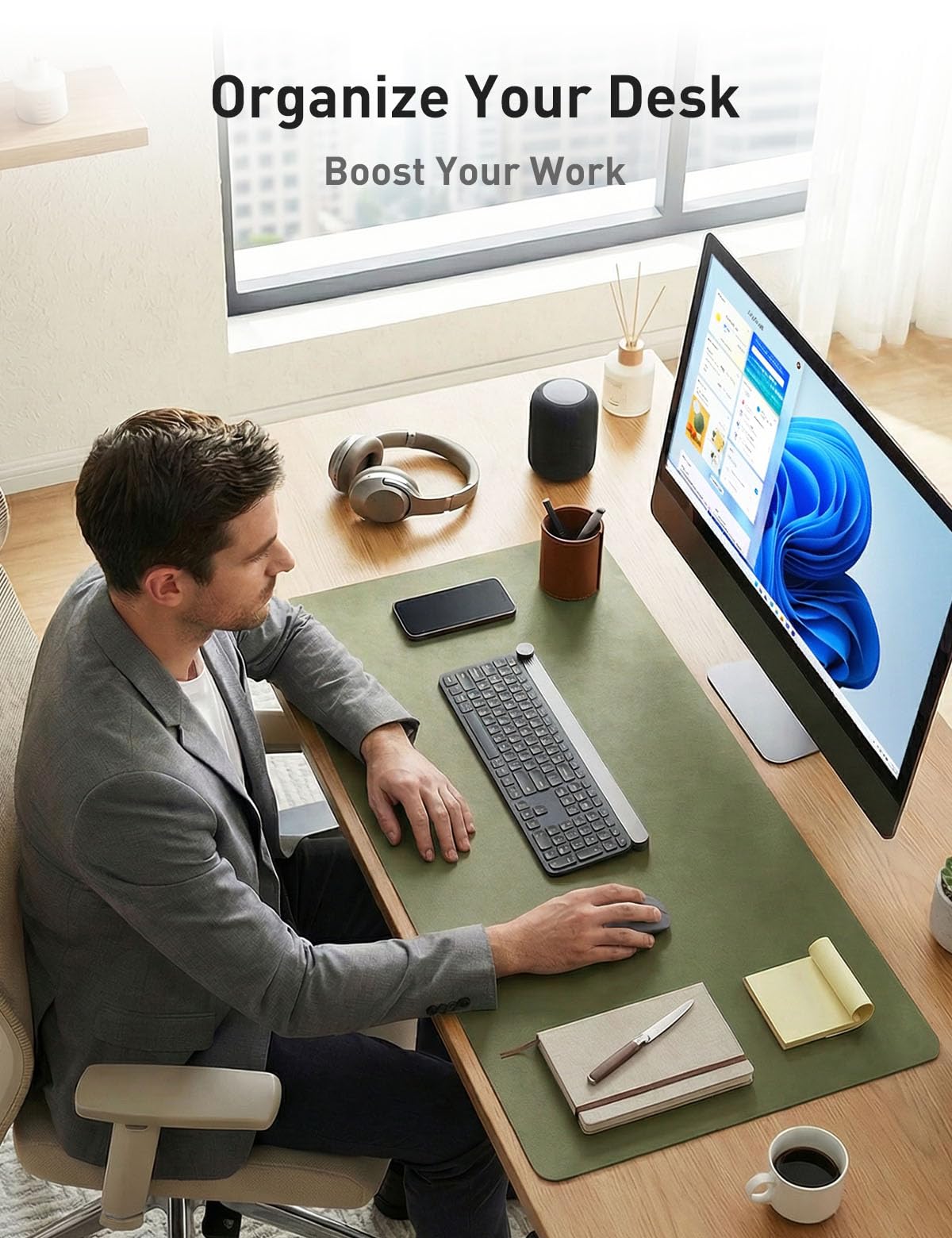 Aothia Faux Leather Desk Mat - Non-Slip PU Leather Desk Blotter, Waterproof Writing Surface, Large
