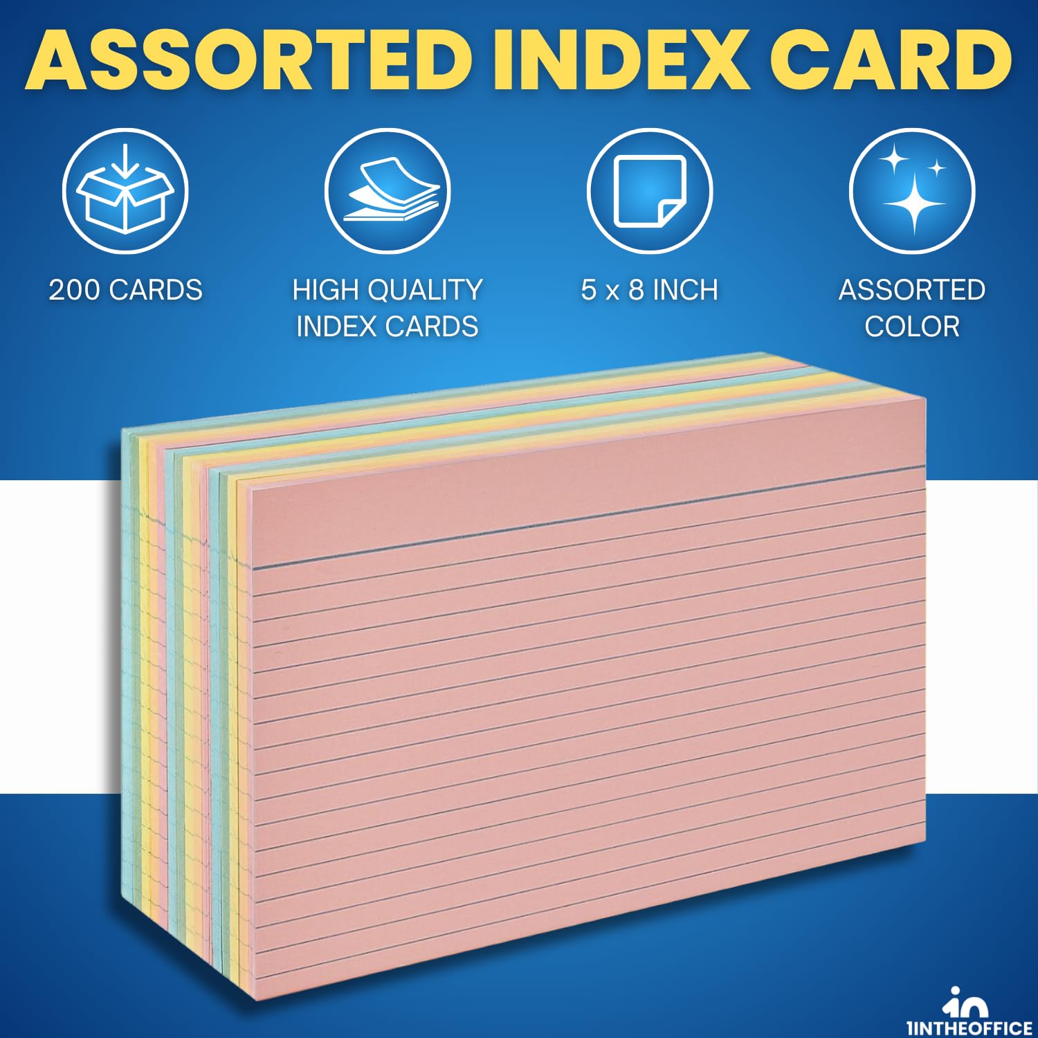 1InTheOffice Index Cards 5 x 8 Ruled Colored, Assorted 200/Pack