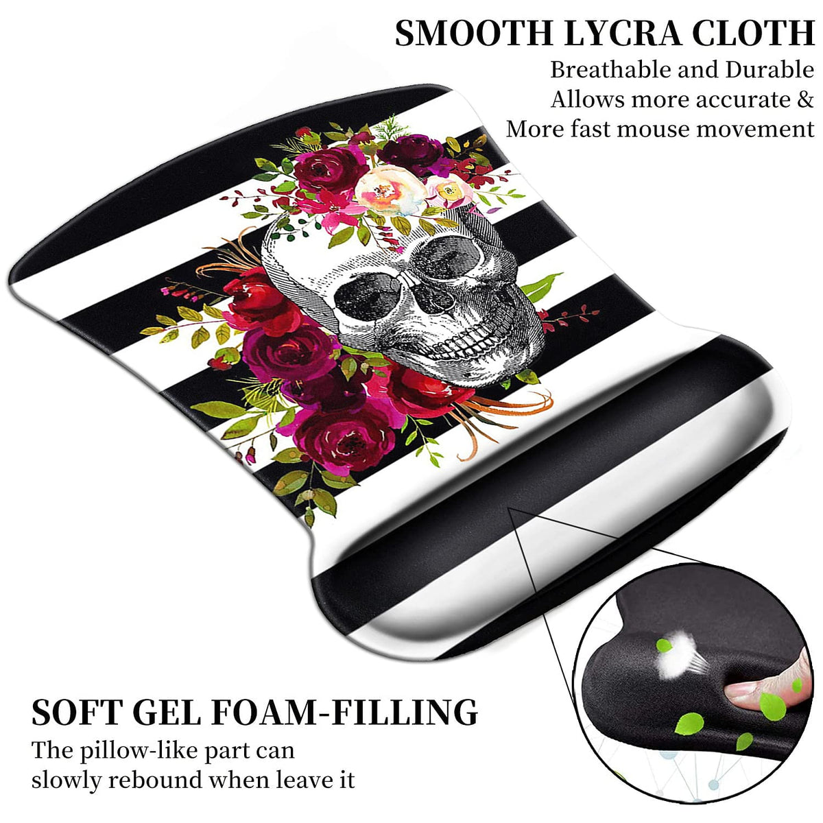 Ergonomic Mouse Pad Wrist Support Gel and Keyboard Wrist Rest Set Skull Flower Design for Laptop