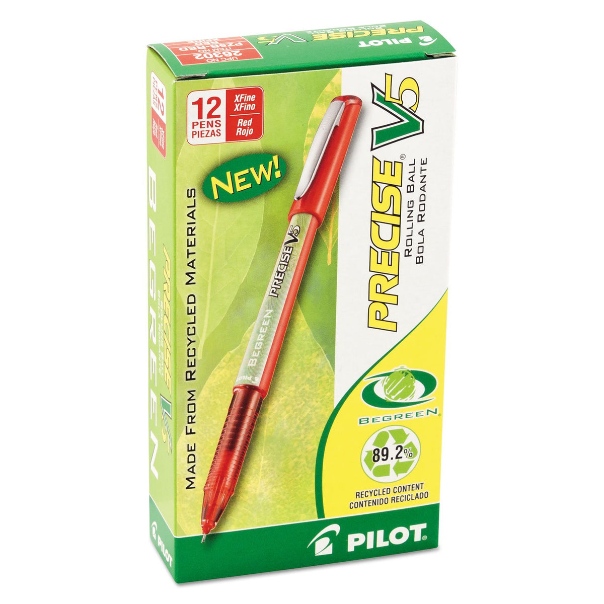 PILOT Precise V5 BeGreen Rolling Ball Stick Pens, Red Ink, 12 Count