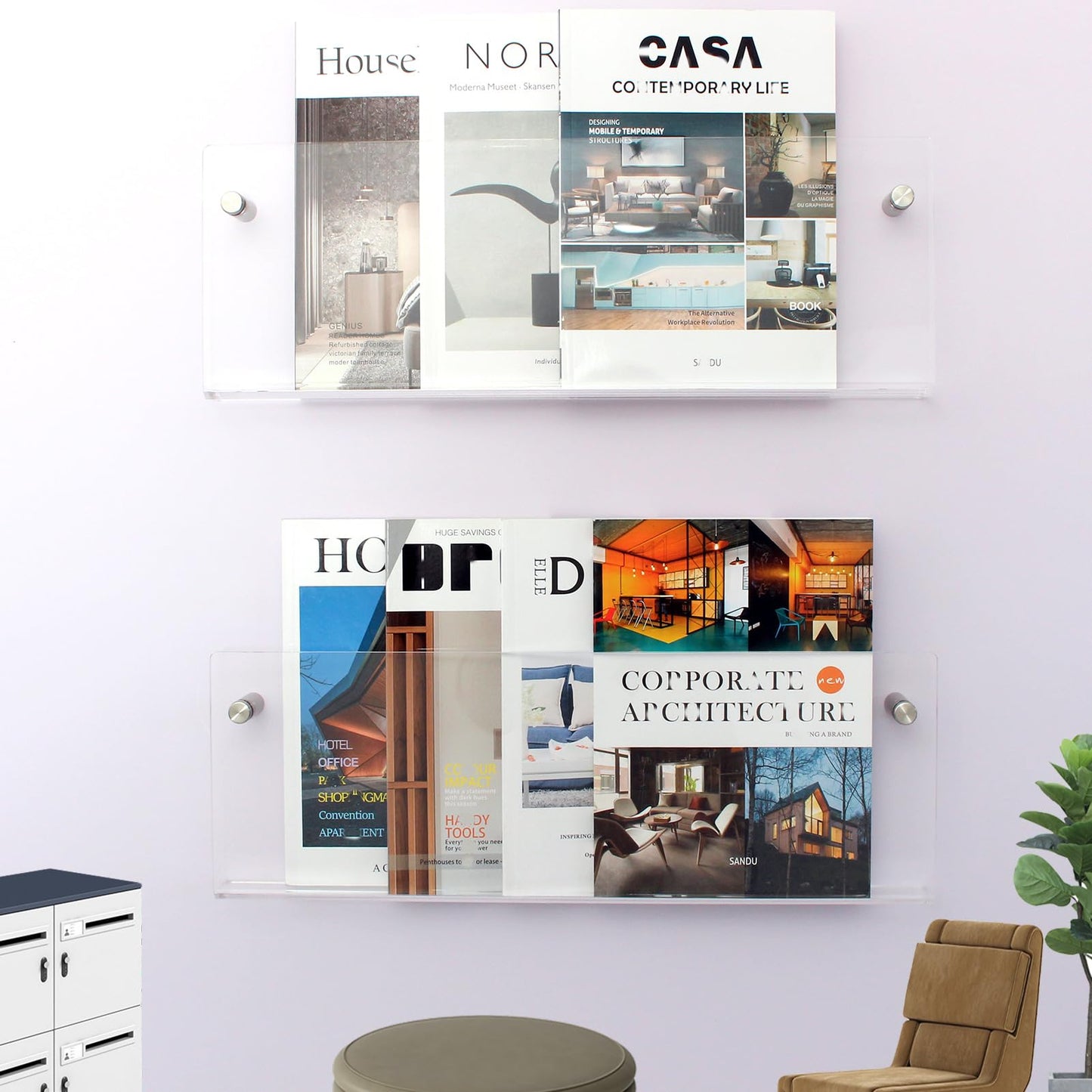 XOHYW 2 Pack Clear Acrylic Magazine Holder, Wall Mount Hanging Bookshelf Literature Storage Rack