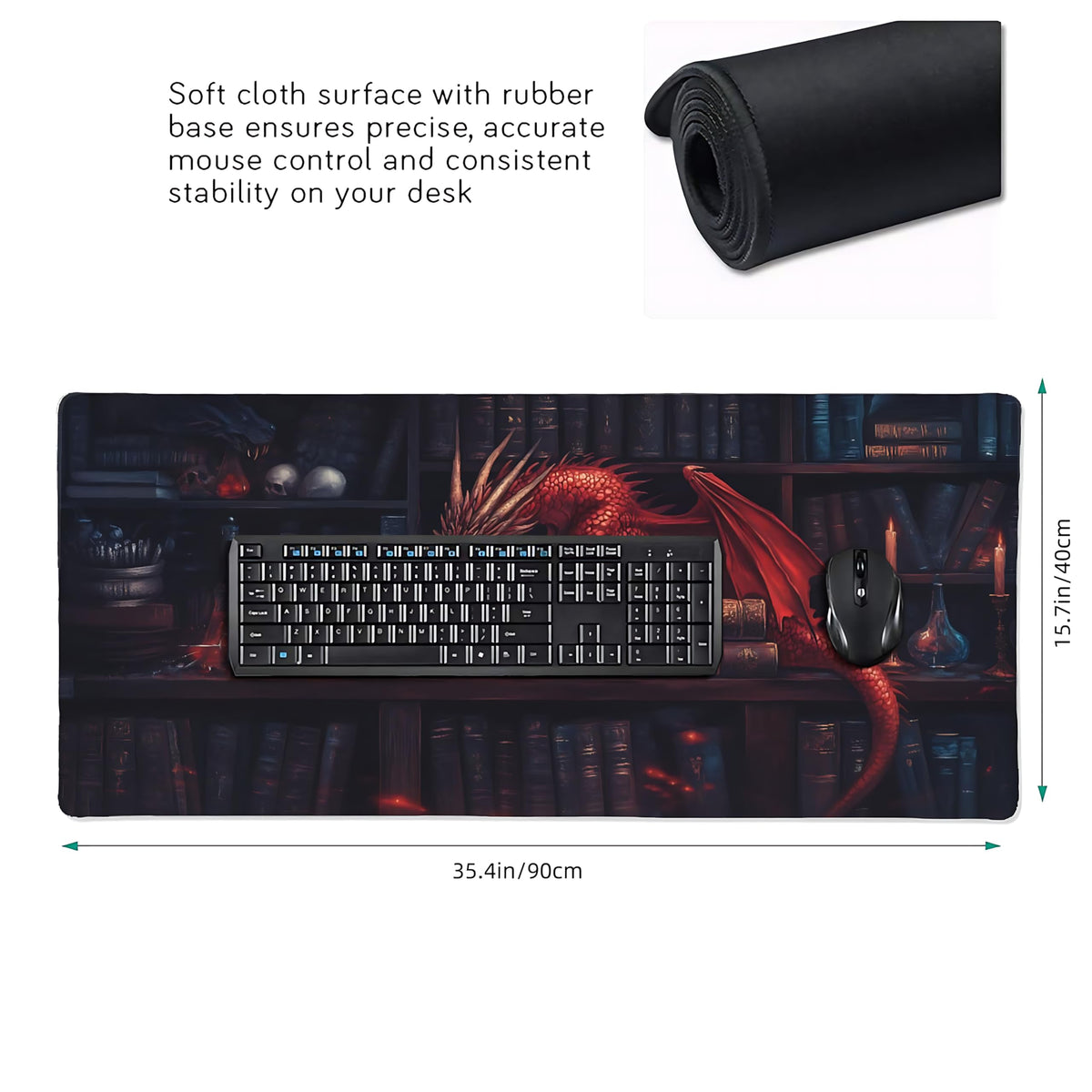 Aesthetic Dragon Gaming Mouse Pad, Ink Blue Red Mystical Desk Mat with Anti-Slip Base & Stitched