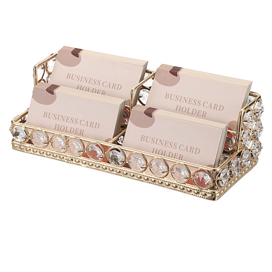 Hipiwe 2 Tiers Business Card Holder Gold Business Card Display Stand with 4 Slots Crystal Name Card