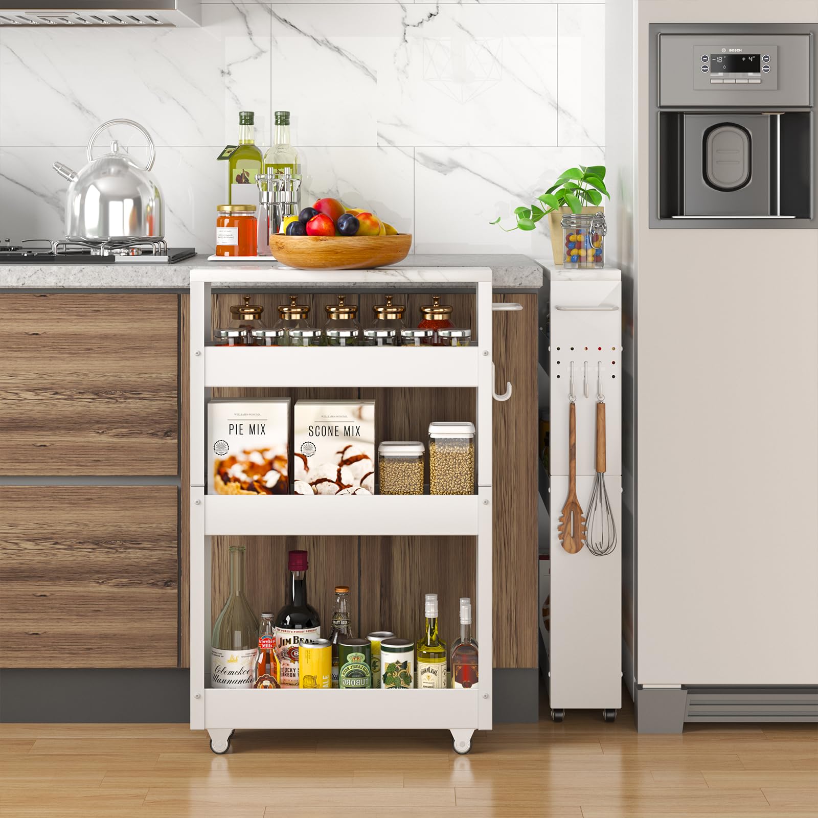 CHLORYARD Slim Storage Cart, 4-Tier Kitchen Rolling Cart Narrow Storage Cabinet with Handle &