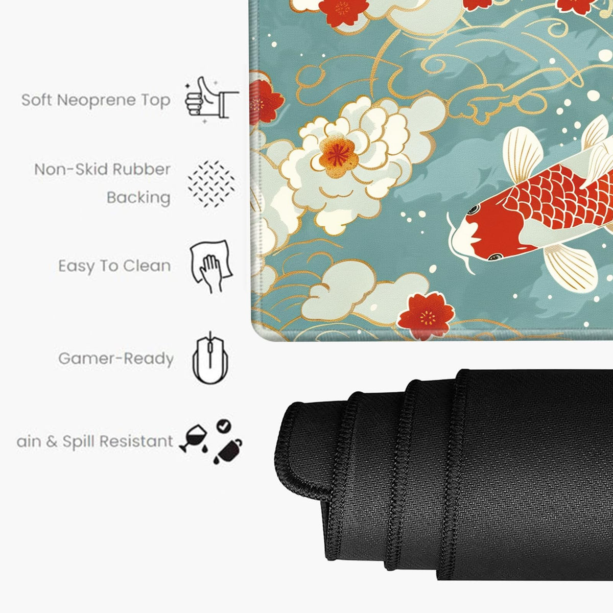 Koi Fish Desk Mat Set Carp Mousepad Gaming Mouse Pad and Keyborad Wrist Rest XXL Desk Pad 31.5" x