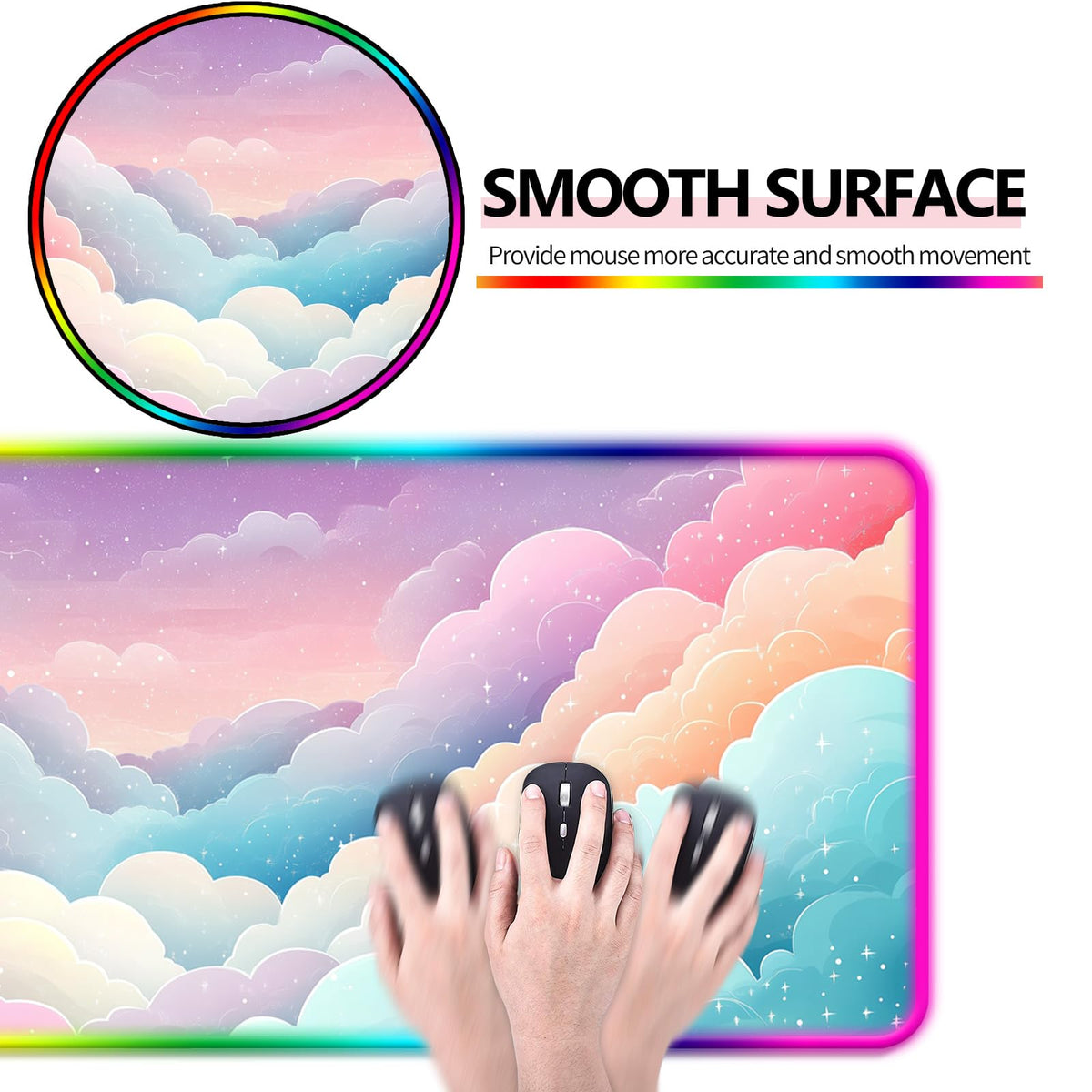 JIANG100 RGB Dreamy Colorful Cloud Star Gaming Desk Mat, XL Mouse Pad, Pink