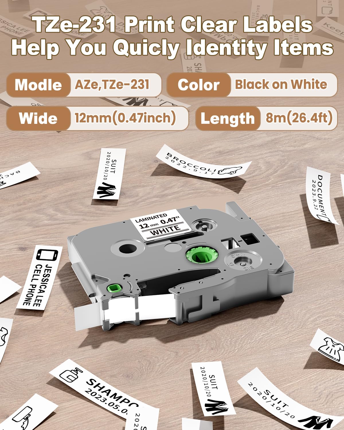 MarkDomain Laminated White 12mm 0.47" Label Tape Replace for TZe-231 5 Pack