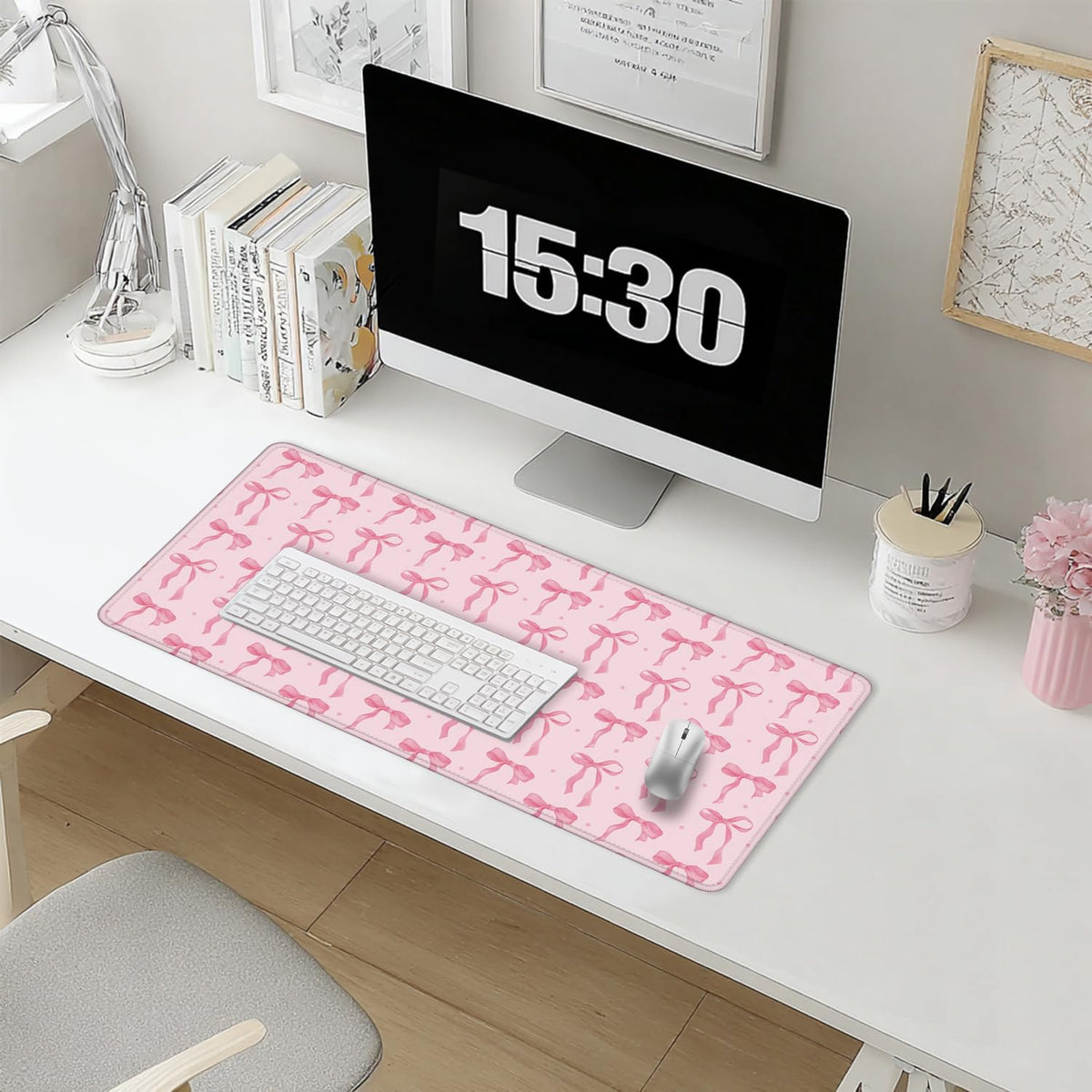 Foritho Cute Coquette Pink Bow Aesthetic Mouse Pad 31.5x15.7inch, Preppy Girly Pink Bow Mouse Pads