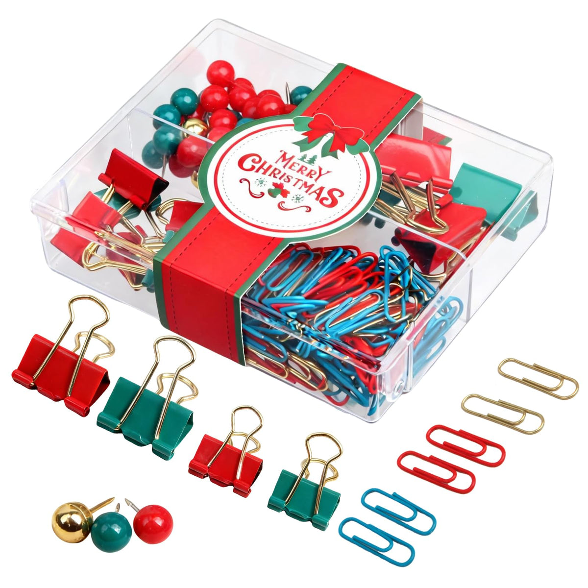 Creechwa Paper Clips and Binder Clips Set, Green & Red, Assorted Size Clips