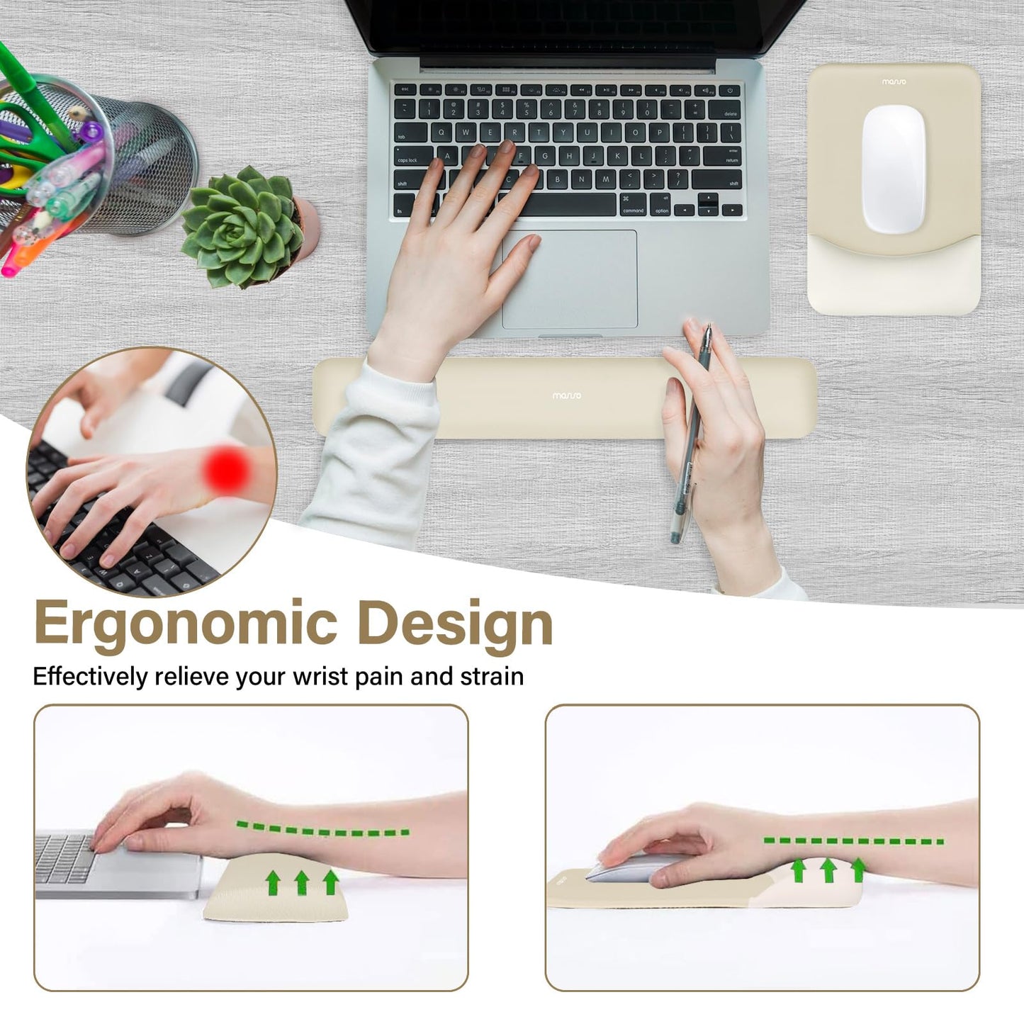 MOSISO Wrist Rest Support Mouse Pad & Keyboard Set, Khaki