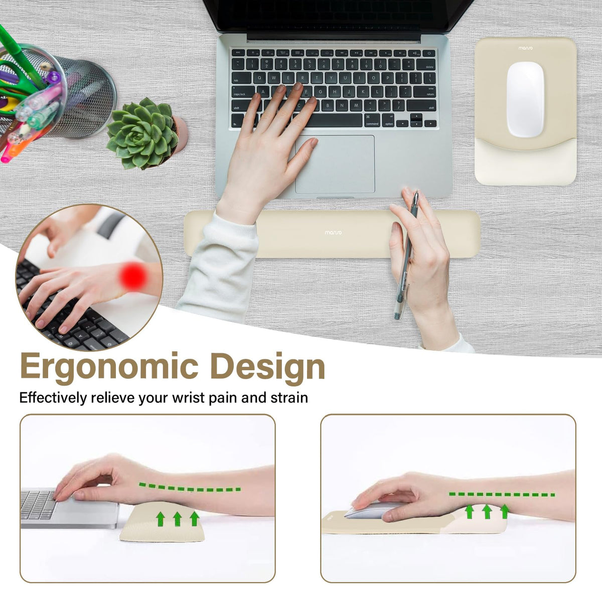 MOSISO Wrist Rest Support Mouse Pad & Keyboard Set, Khaki
