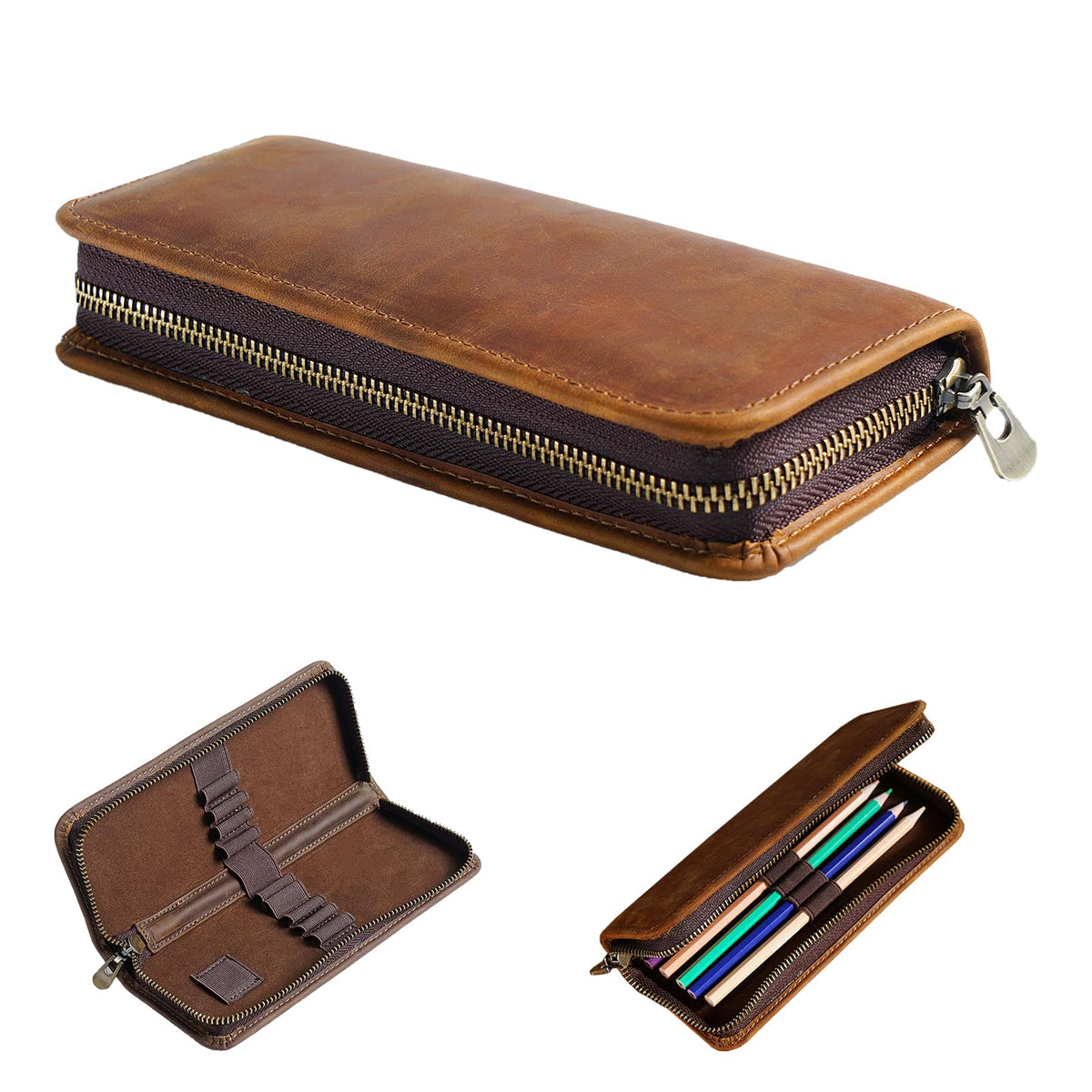 Leather Pencil Case Organizer 10 Slots, Portable Pouch for Fountain Pen
