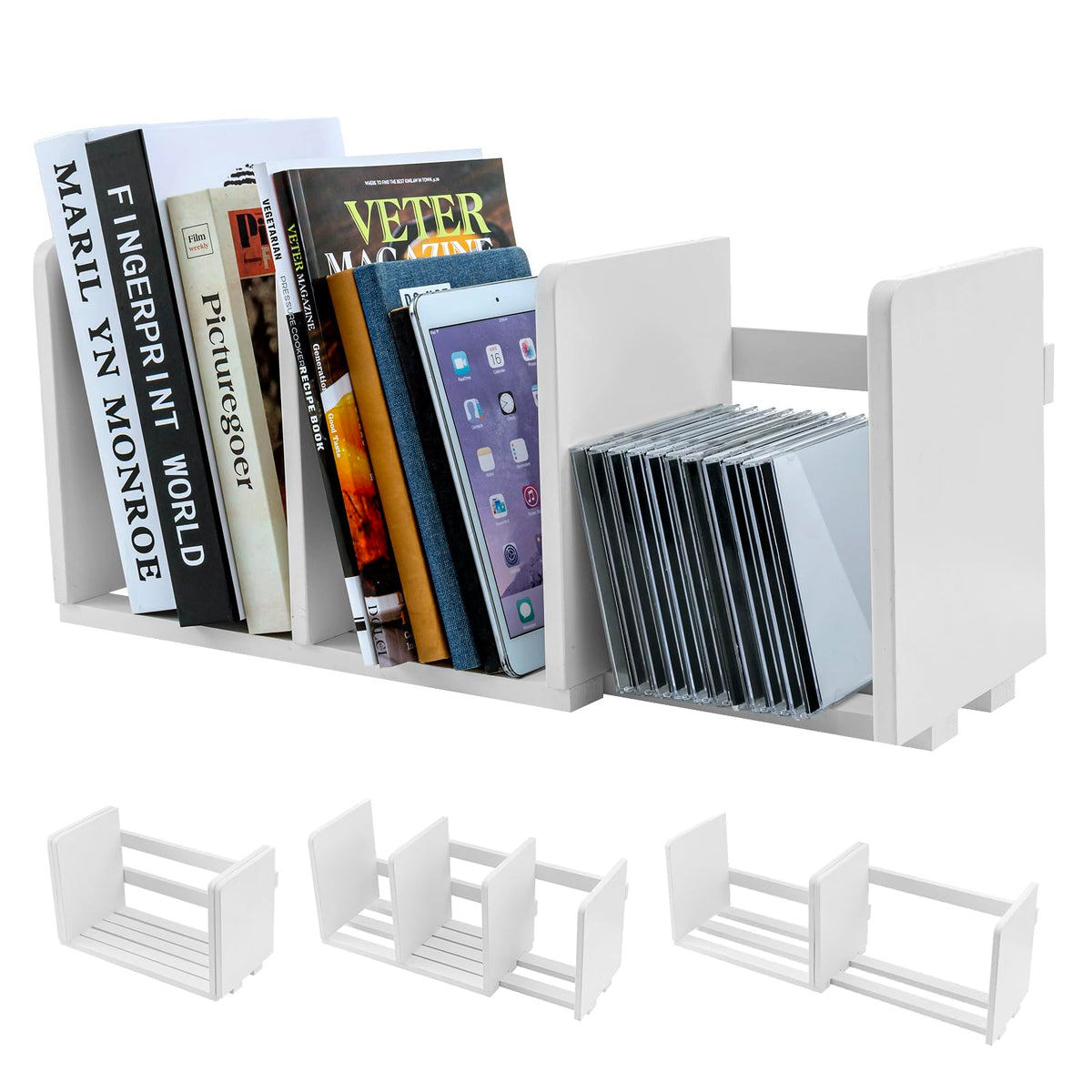 MyGift White Wood Desktop Bookshelf Organizer, Expandable Adjustable Rack