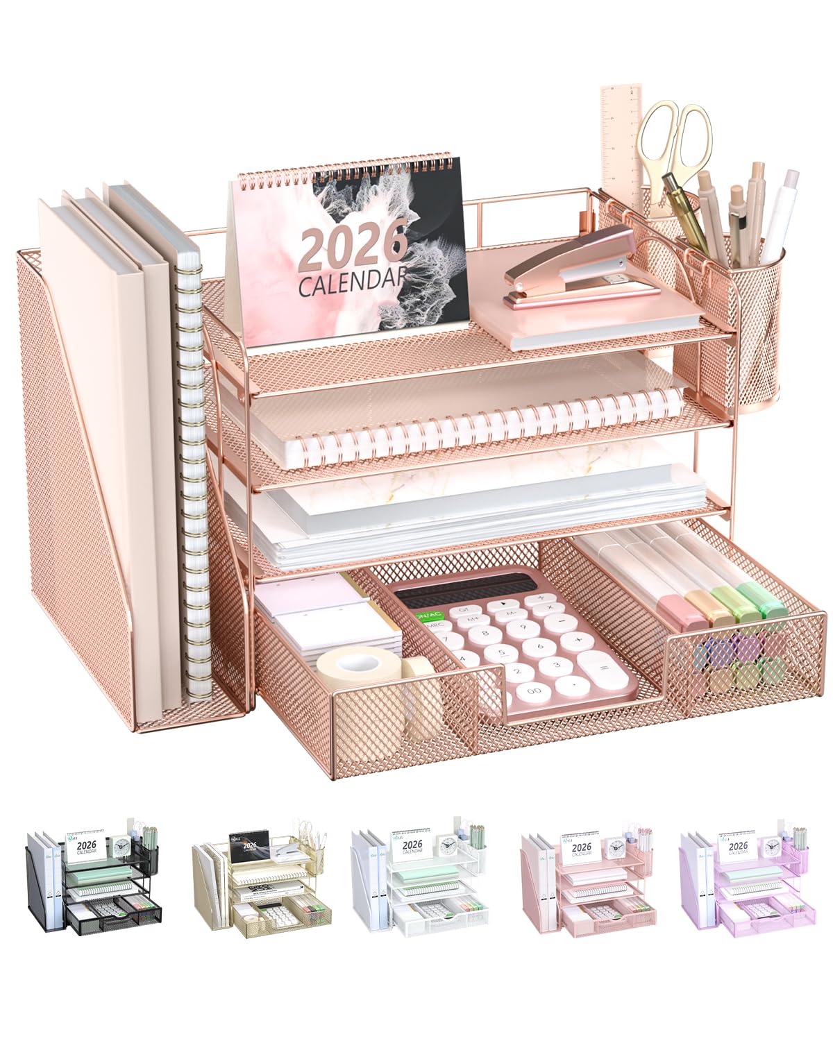 WALI Desk File Organizer, 4 Tier Desktop Paper Letter Tray Organizer with Drawer and 2 Pen Holders