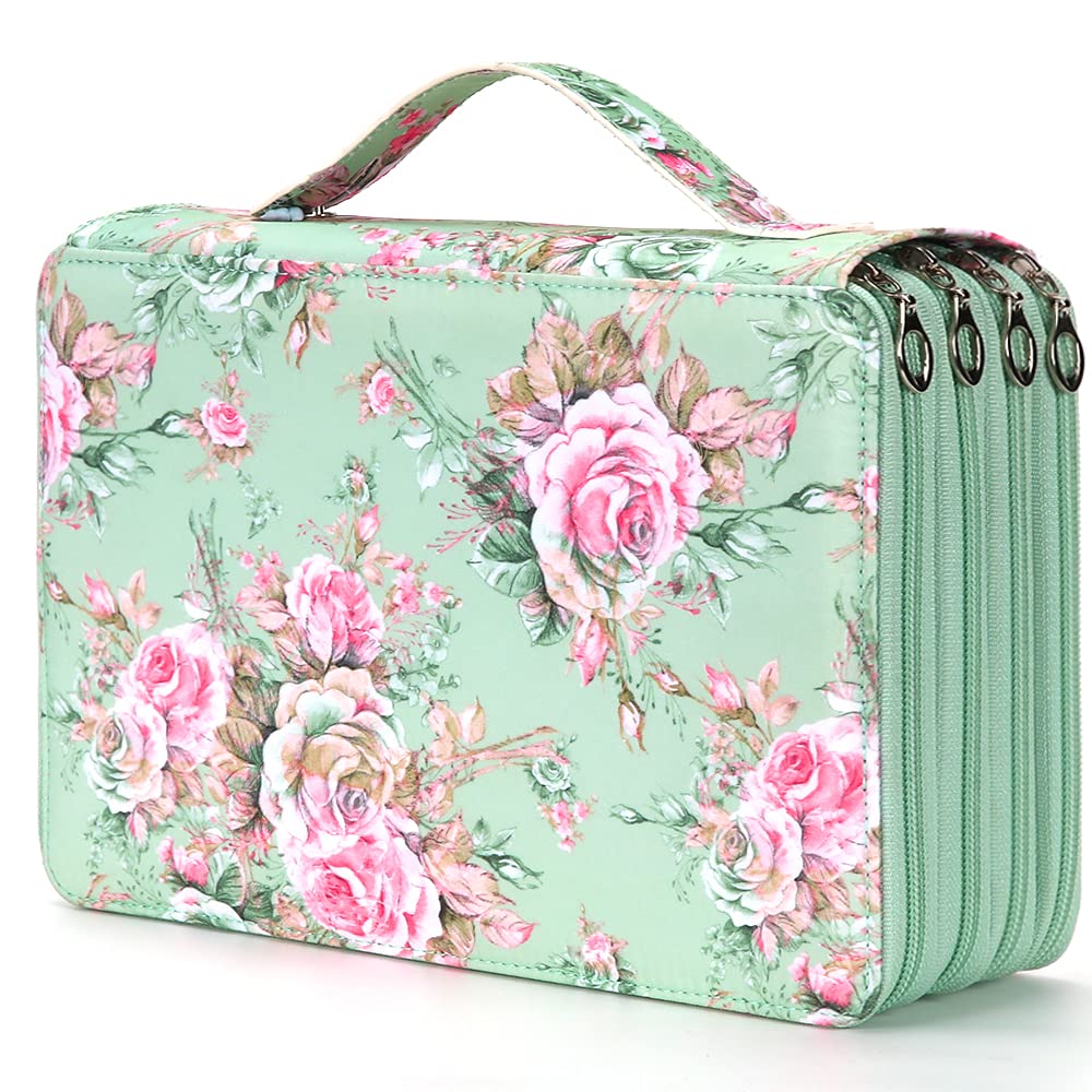Vomgomfom 200 Slots Pencil Case 4-Layer PU Leather, Handle, Green Rose