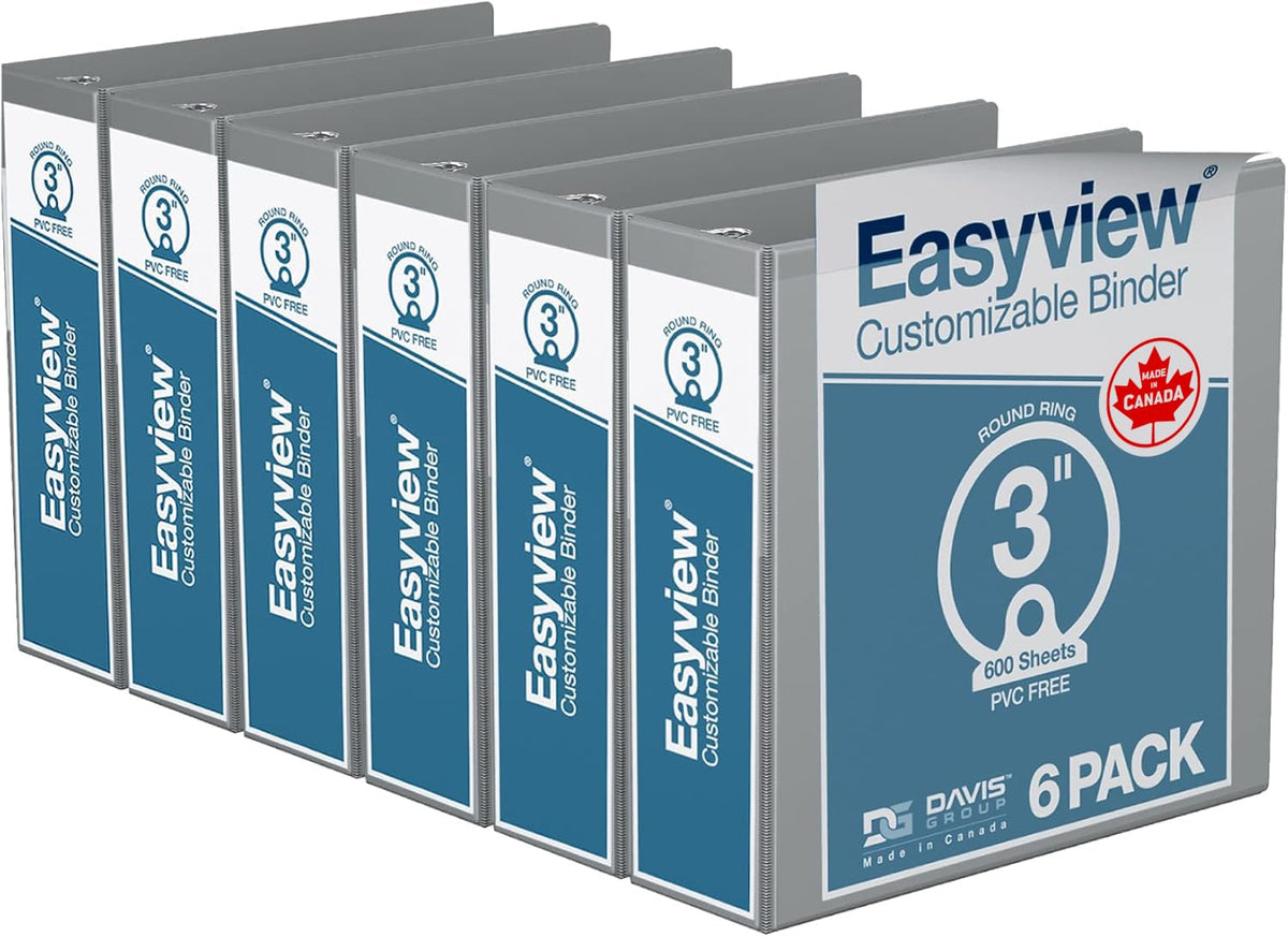 Easyview 3-Ring Binder, Clear-View Cover, 3" Round Rings, Gray, 6 Pack