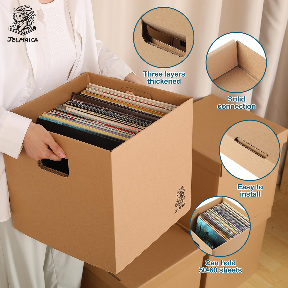 12" Vinyl Record Storage and Moving Box, Holds 60 Records or LPs, 4-Pack